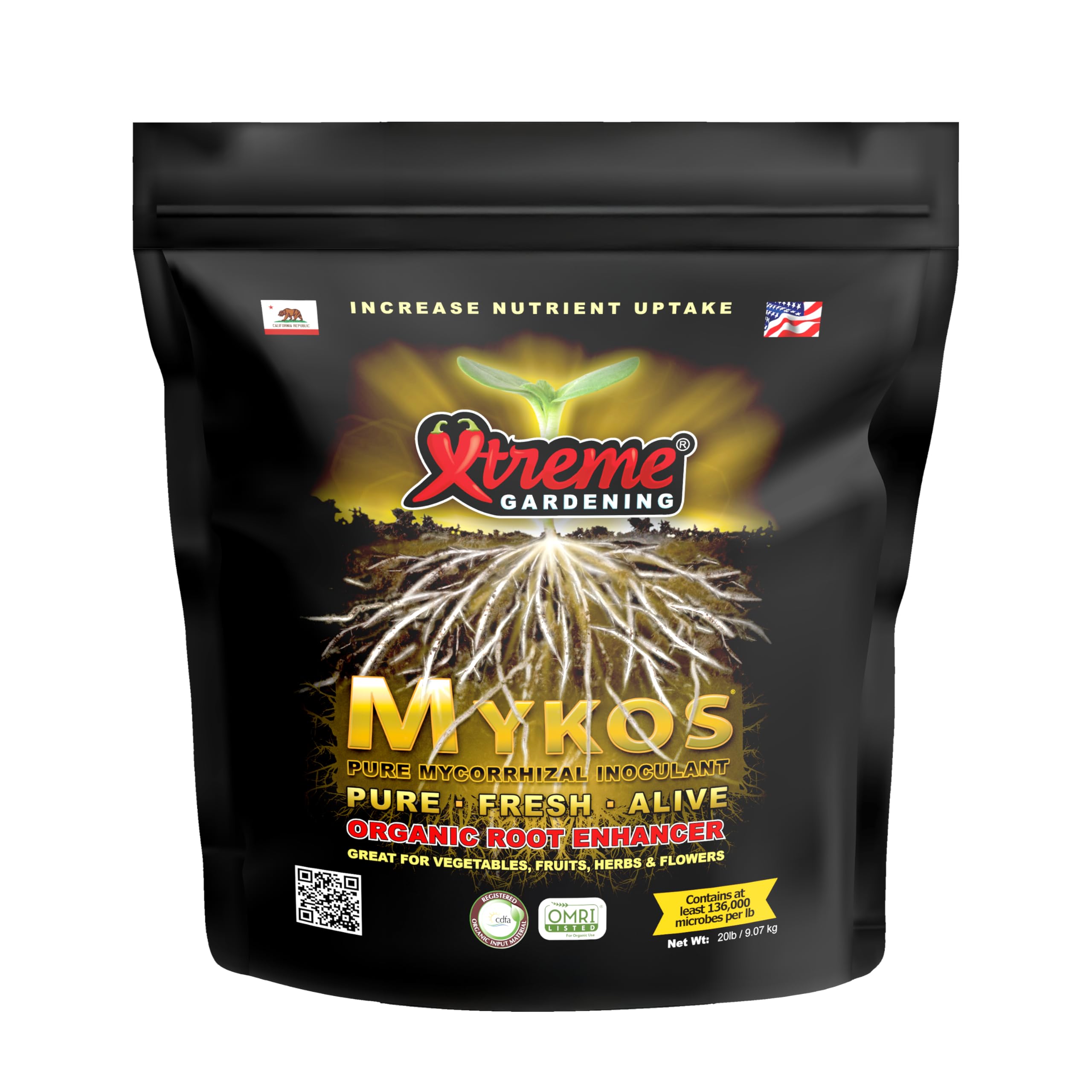 Xtreme Gardening Mykos Pure Mycorrhizal Inoculant Organic Root Enhancer - 20 LB Granular for Healthier Plants & Stronger Roots | Ideal for Organic Gardening, Hydroponics & Transplanting