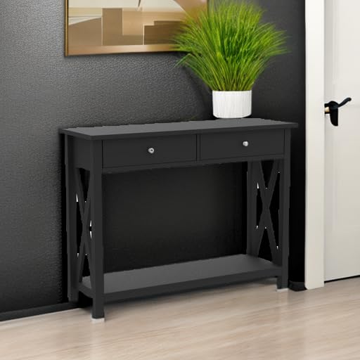 Lavish Home Black Console Table with 2 Drawers & Storage Shelf - Sturdy X-Braced Legs Entryway Table for Living Room, Hallway, or Foyer - Perfect for Home Decor, Small Space Organization & Entry Storage Solutions