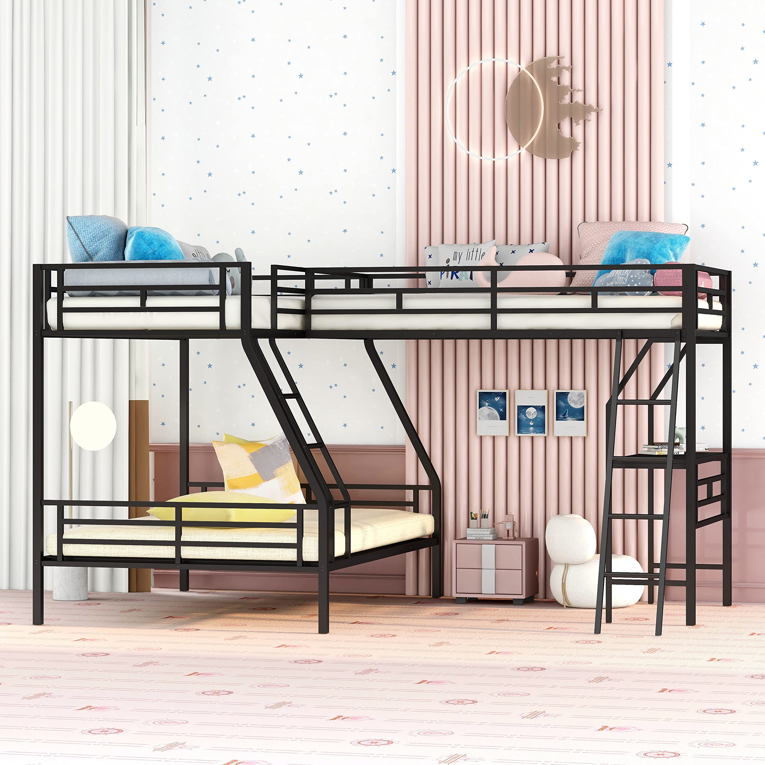 Metal L-Shaped Triple Bunk Bed - Twin Over Full with Loft & Desk - Sturdy 3-Tier Bunk Bed with Guardrails & Ladder for Kids, Teens & Adults - Space-Saving Black Bedroom Furniture for Small Rooms, Dorms & Shared Kids' Rooms