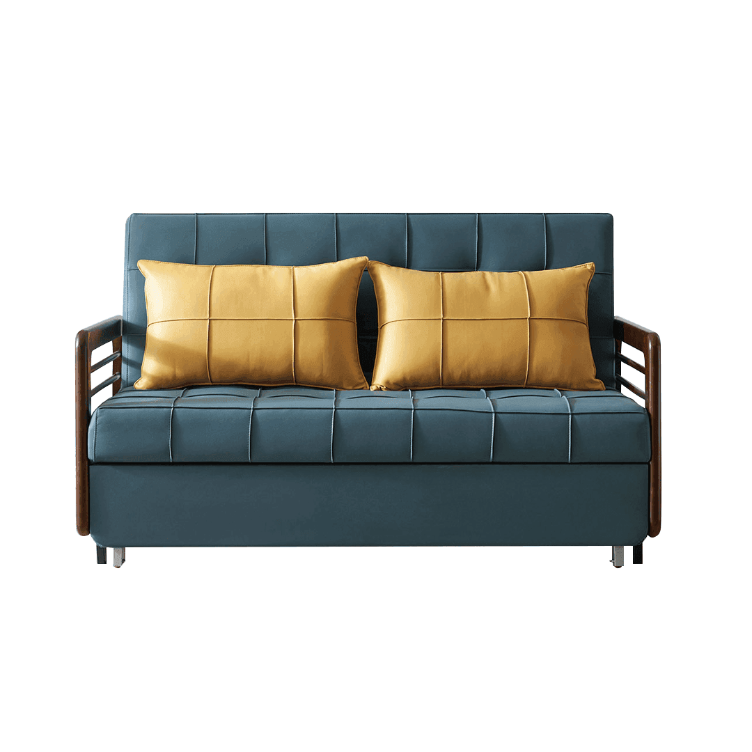 Lottie Leathaire Convertible Sofa Bed with Solid Wood Armrests in Teal Blue - Perfect for Small Apartments, Guest Rooms & Home Offices