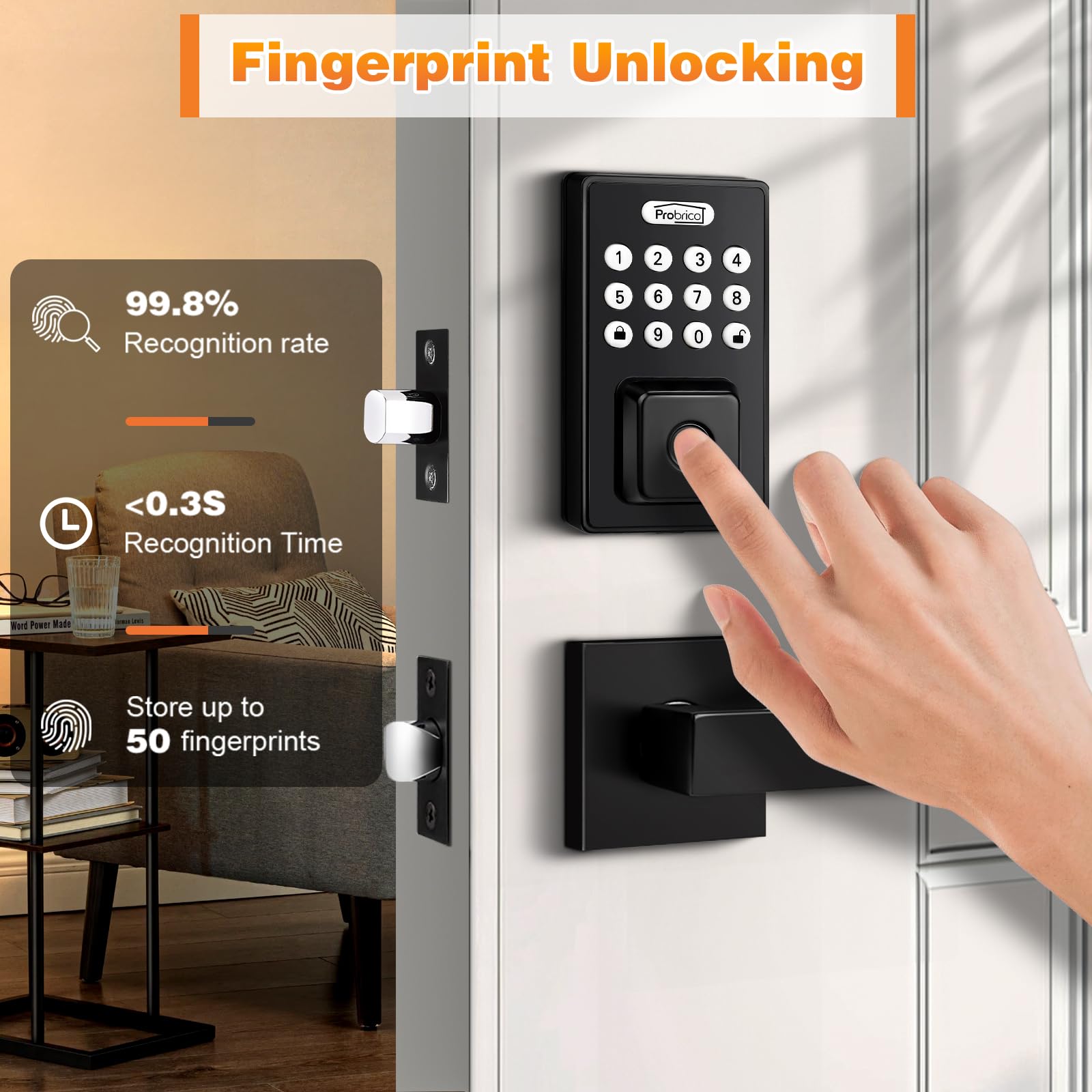 Probrico Smart Keyless Entry Door Lock with Handle - Fingerprint, Keypad & App Control for Front Door - Auto Lock & Deadbolt Security - Perfect for Homes, Apartments & Vacation Rentals