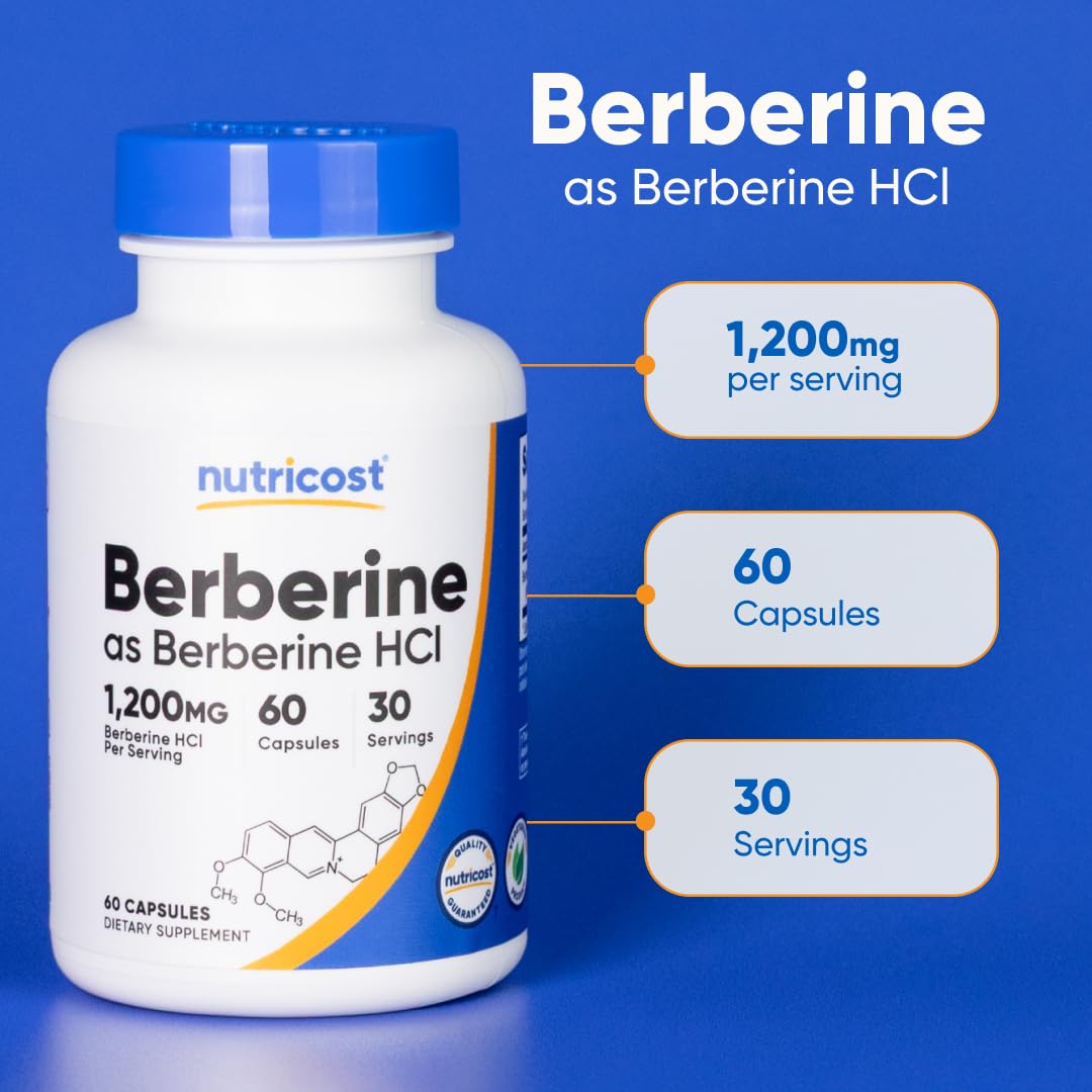 Nutricost Berberine HCl 600mg, 60 Vegetarian Capsules - Gluten Free, Non-GMO Supplement for Blood Sugar Support & Digestive Health - Perfect for Daily Wellness Routine & Natural Metabolism Boost