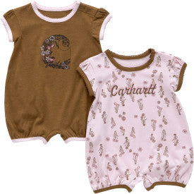 Carhartt Brown Infant Girls 2-Piece Short Sleeve Floral Romper Set - Perfect for Playtime & Summer Outfits