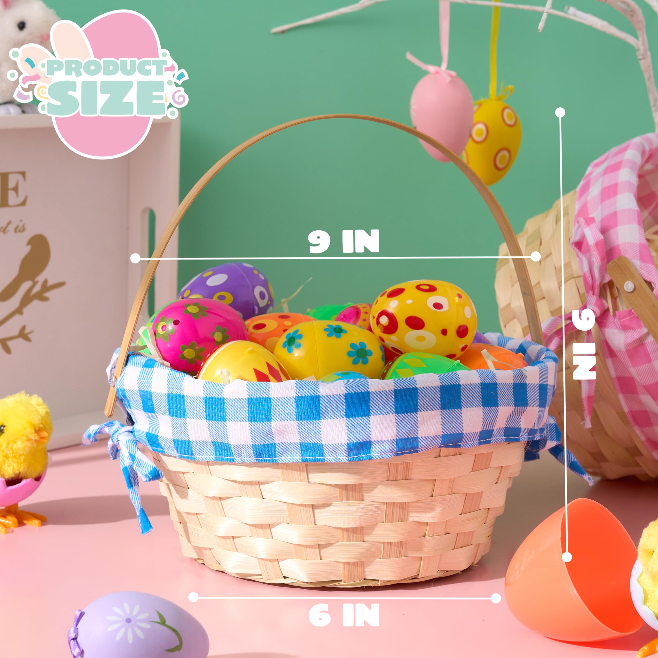 JOYIN 2-Pack Easter Bamboo Woven Baskets with Linen Liner & Handle - Decorative Party, Picnic, Easter Egg Hunt Gift Baskets for Kids (Boys & Girls) - Perfect for Candy, Treats & Holiday Decorations
