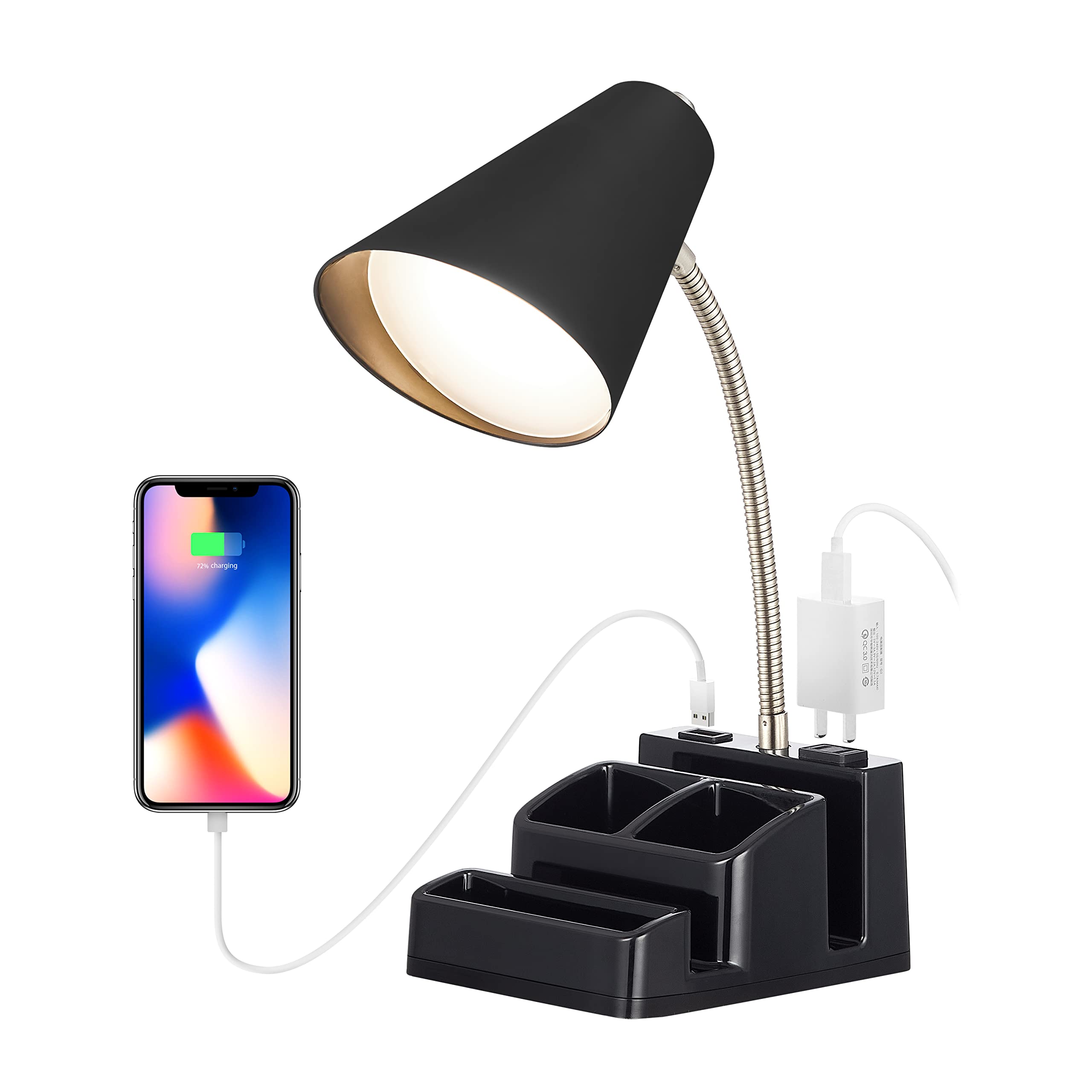 THOVAS LED Desk Lamp with USB Charging Port & AC Outlet - Adjustable Neck, Organizer Base - Eye-Caring Warm White Light for Home Office, Study, Reading - Modern Task Lamp for Work & Night Stand Use