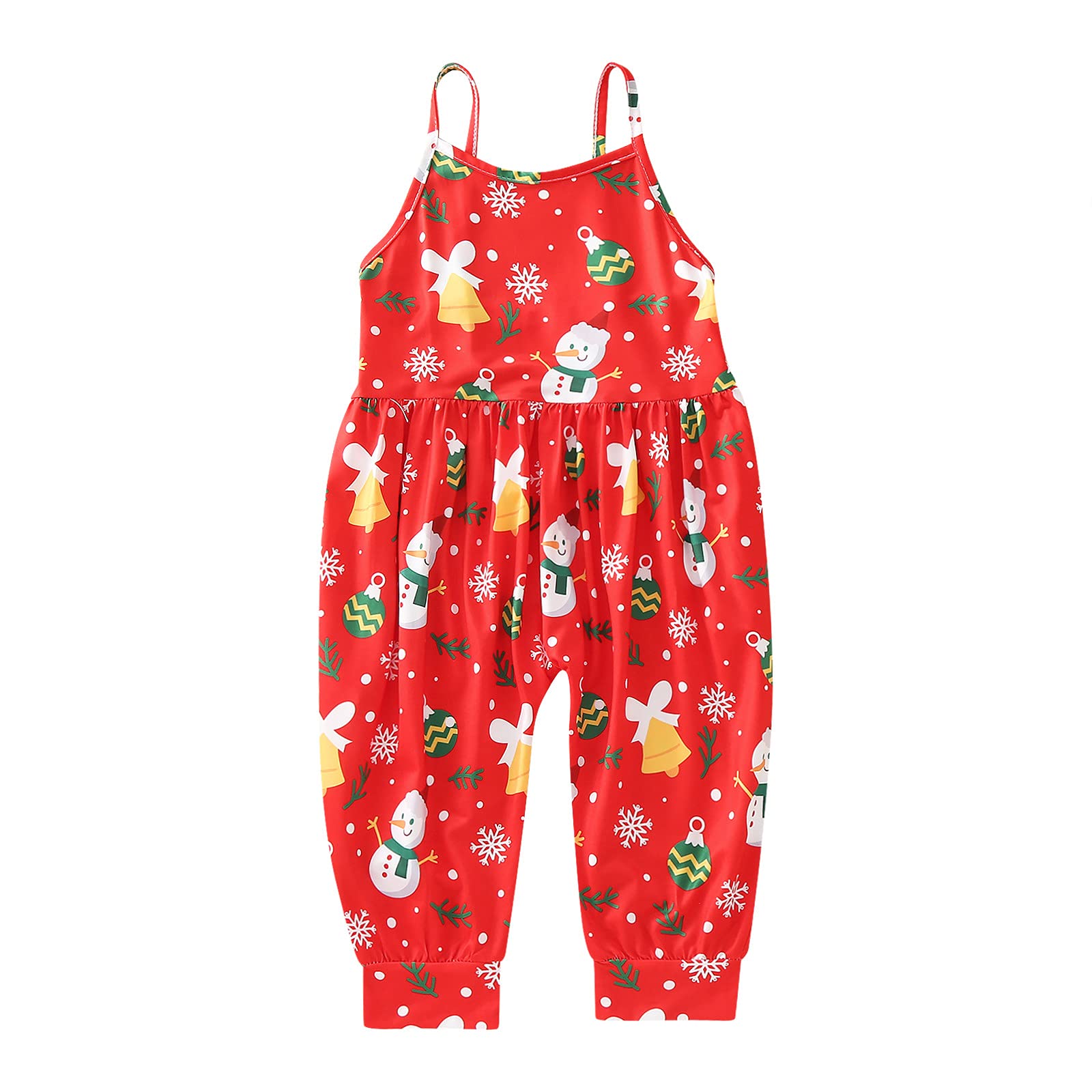 Girls Christmas Romper Jumpsuit - Toddler Baby Kids Holiday Outfit with Xmas Tree & Snowman Print, Adjustable Straps | Perfect for Holiday Parties, Family Photos & Festive Celebrations