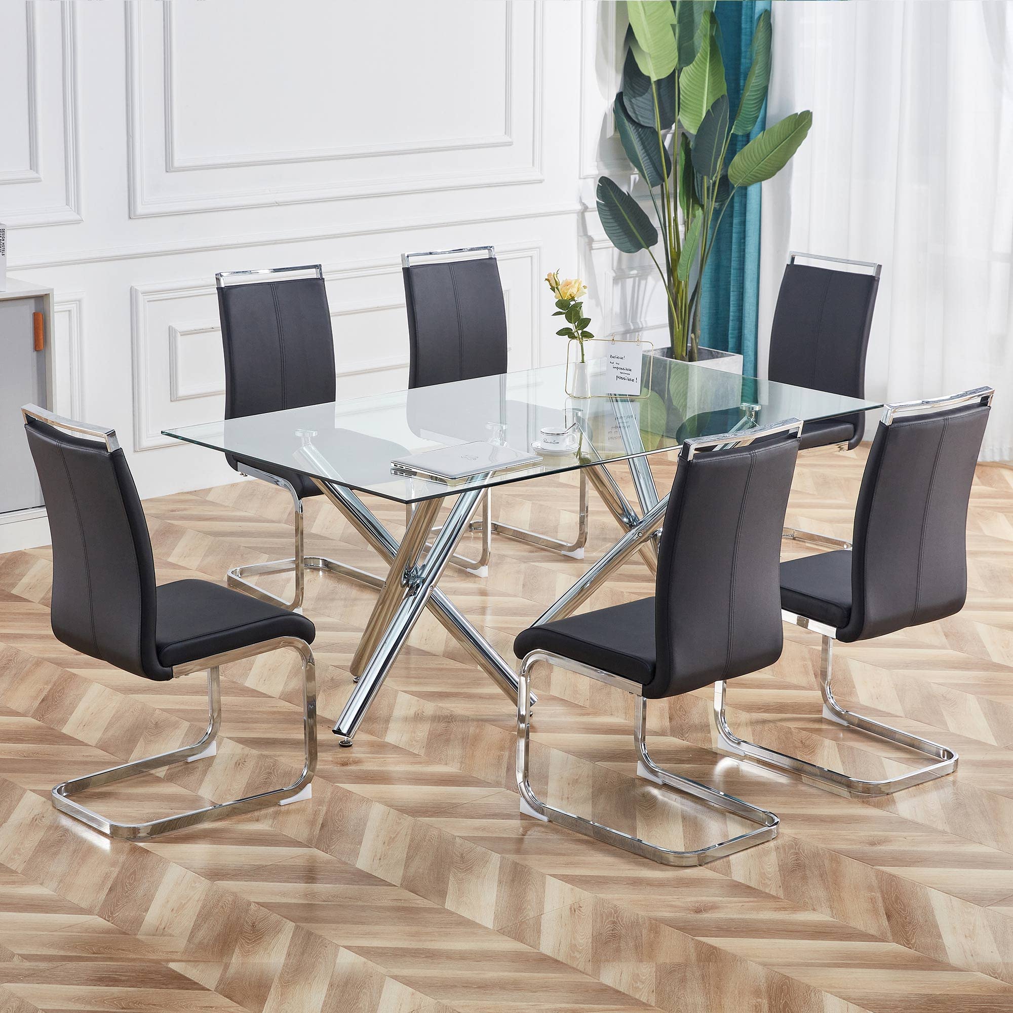 Baysitone Modern Dining Chairs Set of 4 - Faux Leather Padded High Back Kitchen & Dining Room Chairs - Comfortable Side Chairs for Home, Restaurant, Office - Black