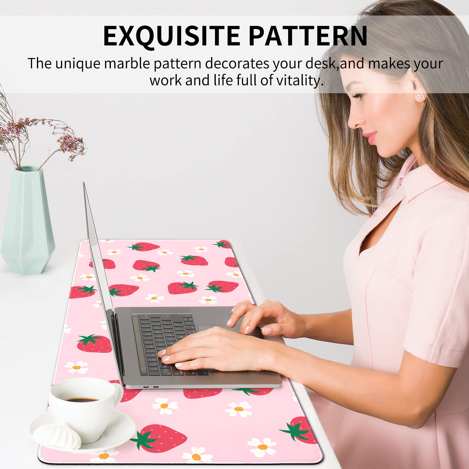 Seorsok XXL Extended Gaming Mouse Pad - 31.5x15.7 Inch Large Desk Mat with Non-Slip Rubber Base & Stitched Edges - Pink Strawberry Design for Girls - Perfect for Gaming, Office Work & Computer Use