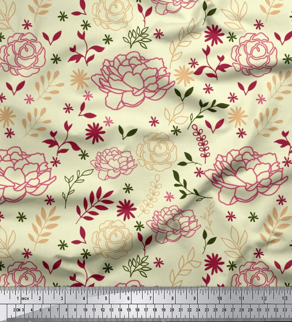Soimoi Moss Georgette Yellow Fabric by The Yard - 42 Inch Wide Floral Printed Fabric with Leaves & Ranunculus Design - Botanical Timeless Material for Dresses, Scarves, Home Decor & DIY Fashion Projects