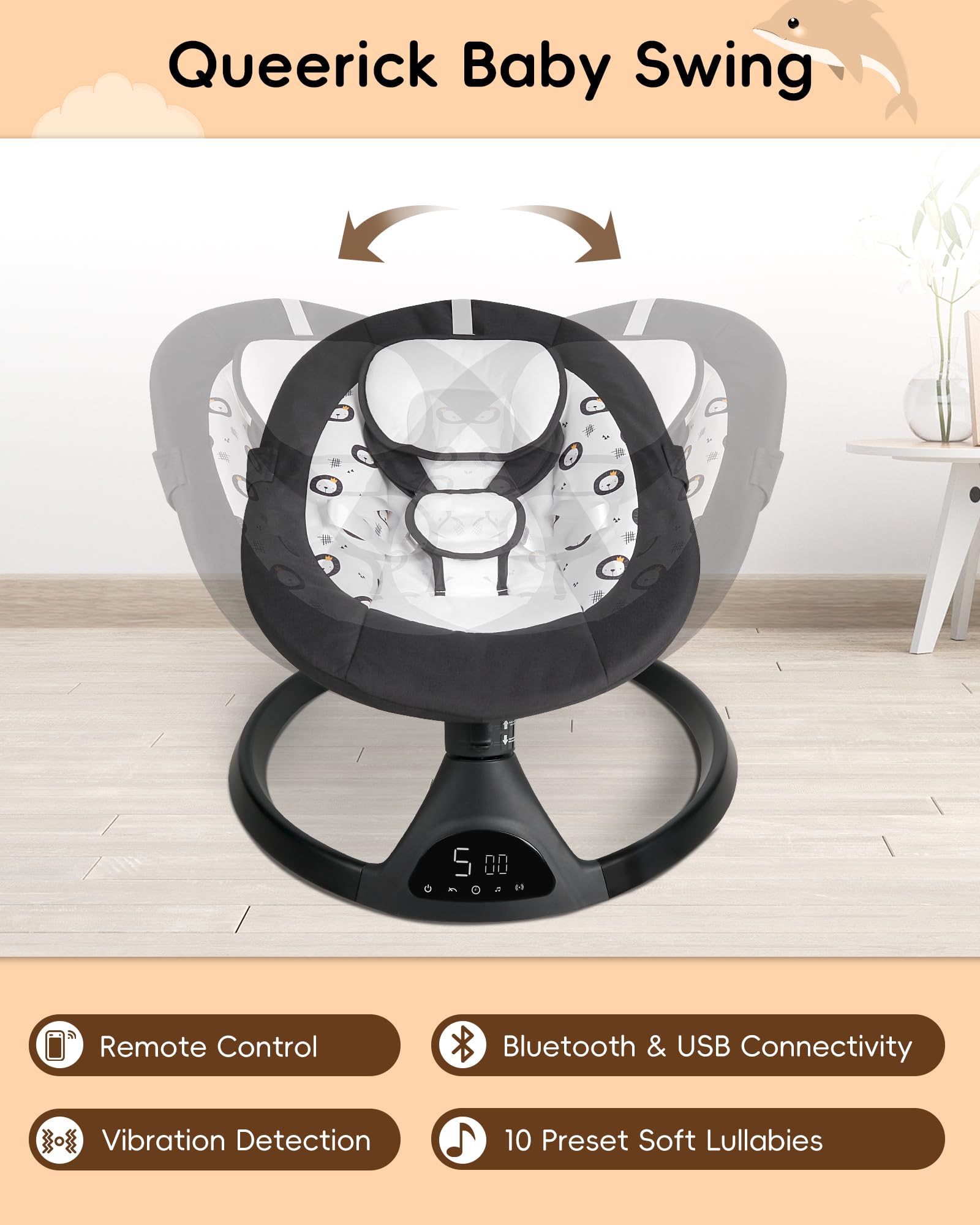 Electric Baby Swing for Infants & Toddlers - Portable Infant Swing with 5 Speed Settings, Bluetooth Speaker, Touch Screen & 10 Lullabies - 5-Point Safety Harness - Perfect for Nursery, Bedtime & Travel Use