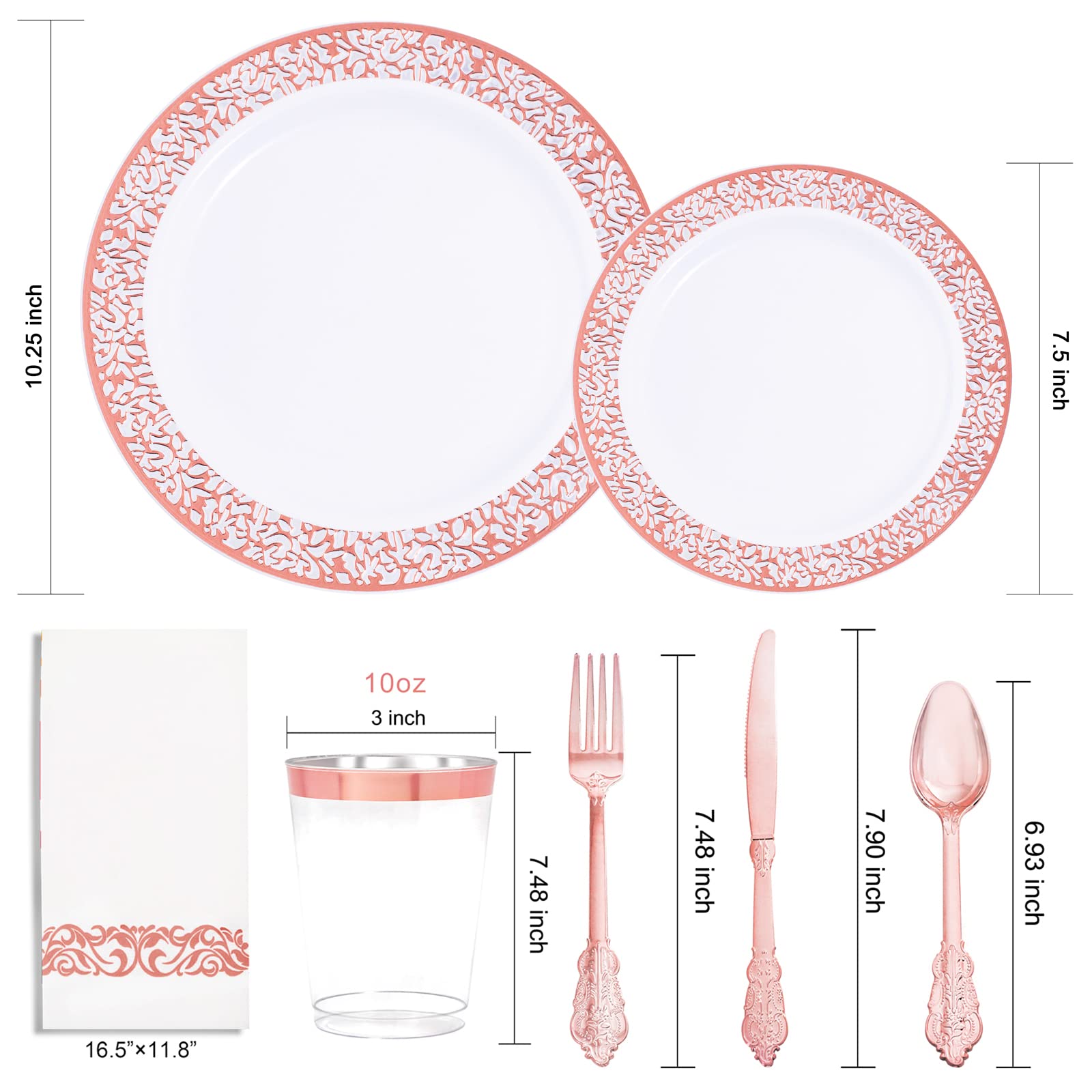 50-Piece Rose Gold Plastic Dinnerware Set for Parties - 100 Disposable Plates, 150 Silverware (50 Forks, 50 Knives, 50 Spoons), 50 Cups with Paper Straws & Napkins - Elegant Disposable Tableware for Weddings, Baby Showers & Events