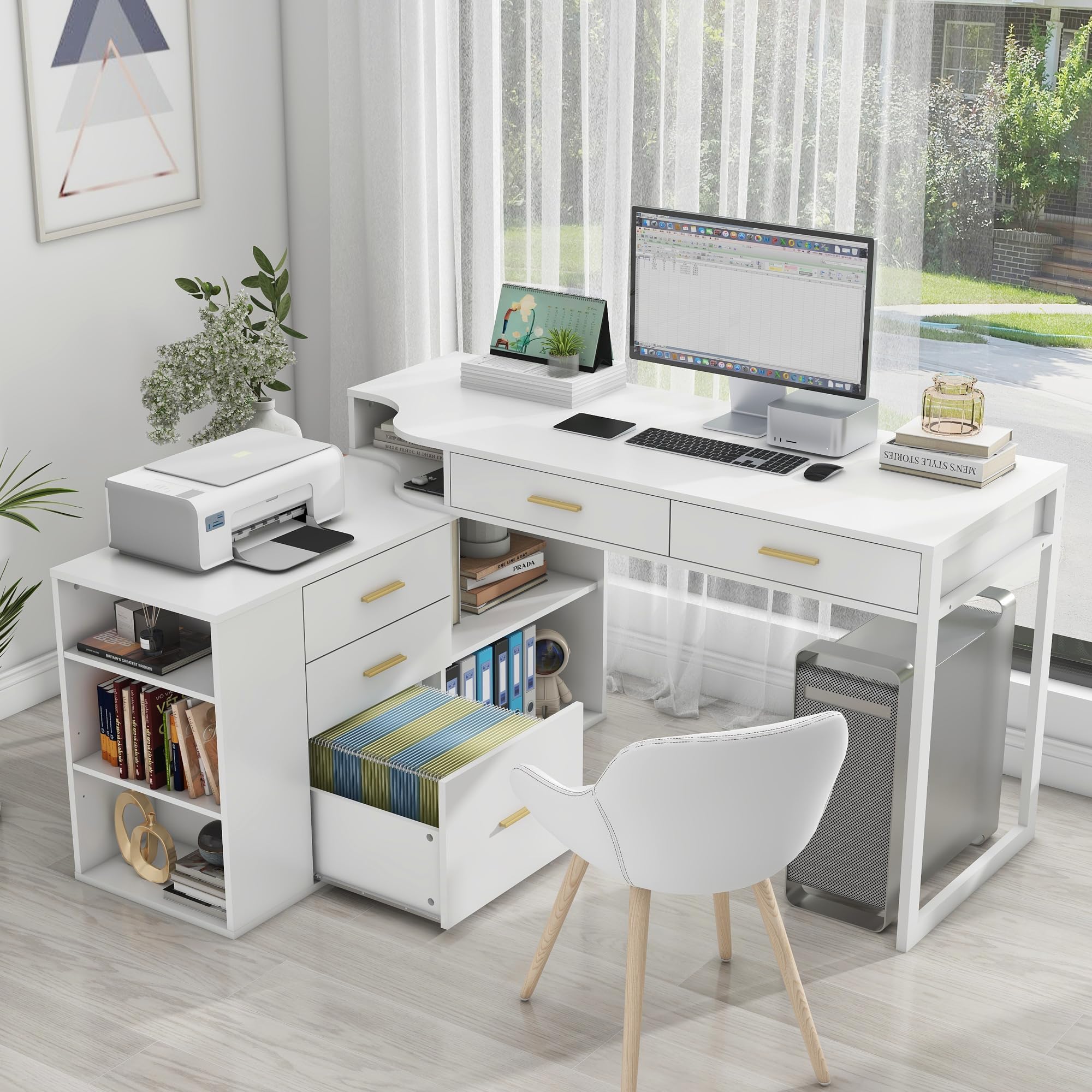 Modern L-Shaped Desk with 5 Drawers & Adjustable Shelves - 55 Inch Executive Office Desk, Wooden Computer Writing Table with File Storage Cabinet for Home Office - Perfect for Small Spaces & Remote Work Setup