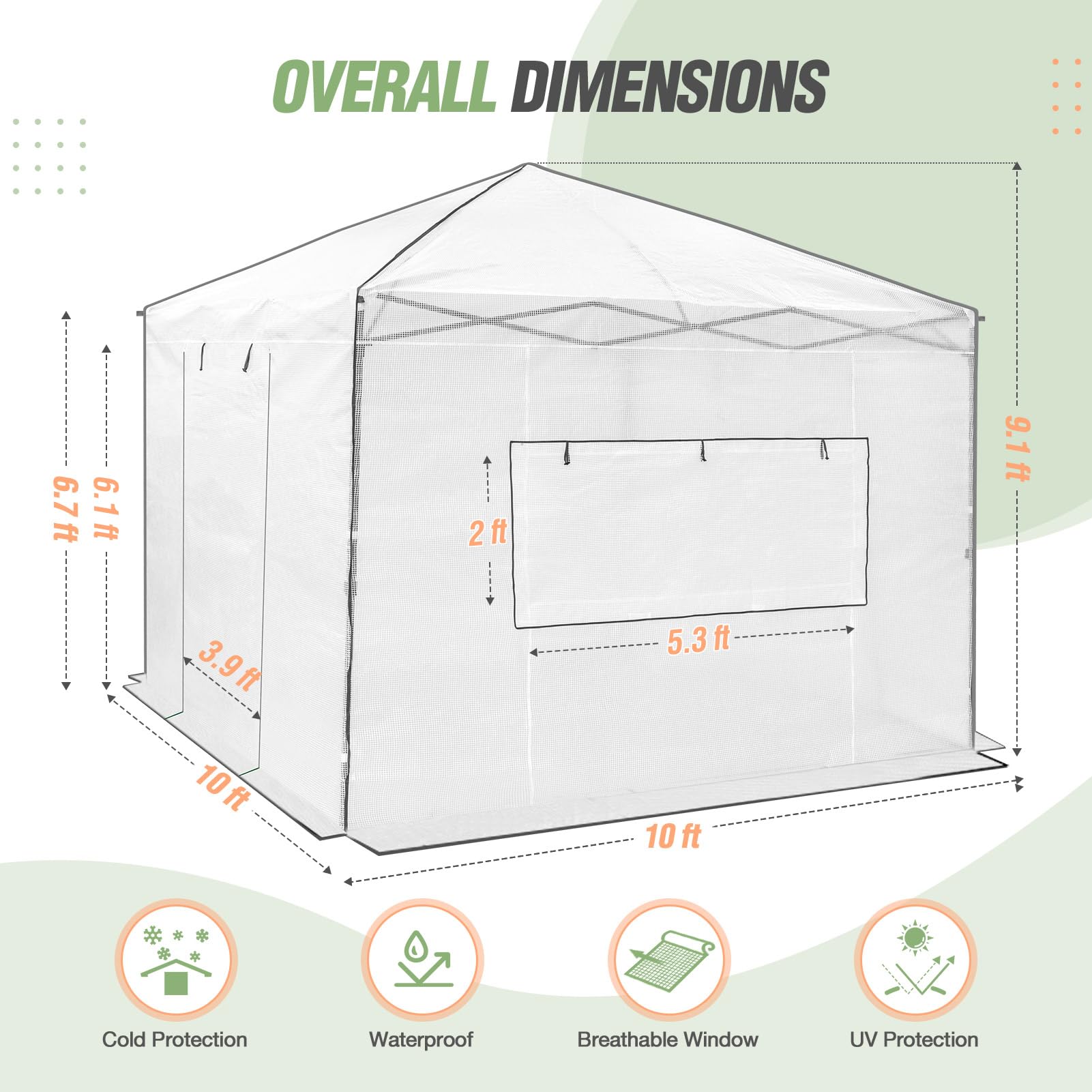 EAGLE PEAK 10x10 Portable Walk-in Greenhouse for Indoor Outdoor Gardening - Pop Up Plant Greenhouse with Zippered Doors & Windows, PE Cover in White - Perfect for Backyard, Patio & Home Garden Protection