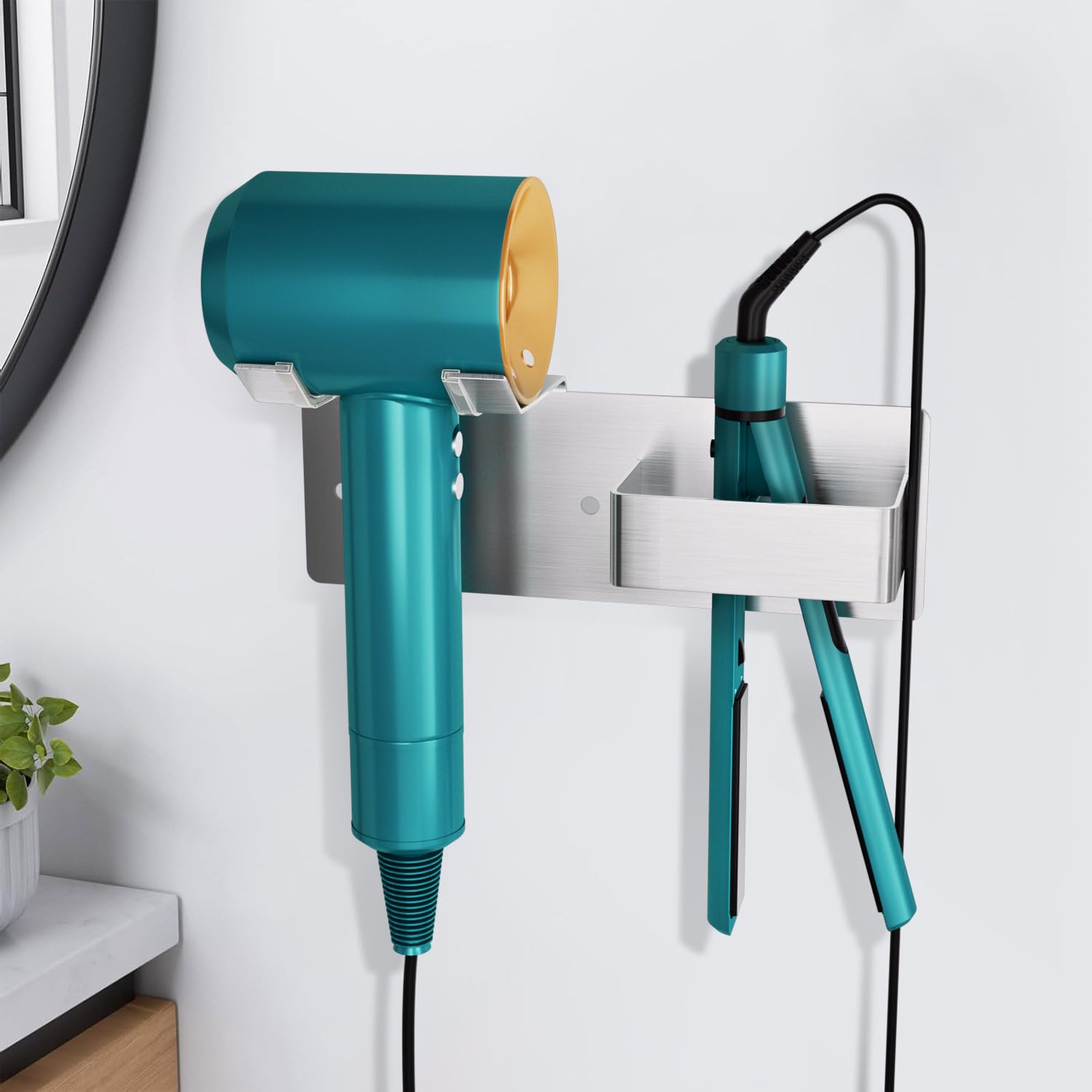 Wall Mounted Hair Dryer Holder - Stainless Steel Hair Tool Organizer for Bathroom | Adhesive/Drilling Installation | Perfect for Blow Dryers & Straighteners | Space-Saving Bathroom Storage Solution