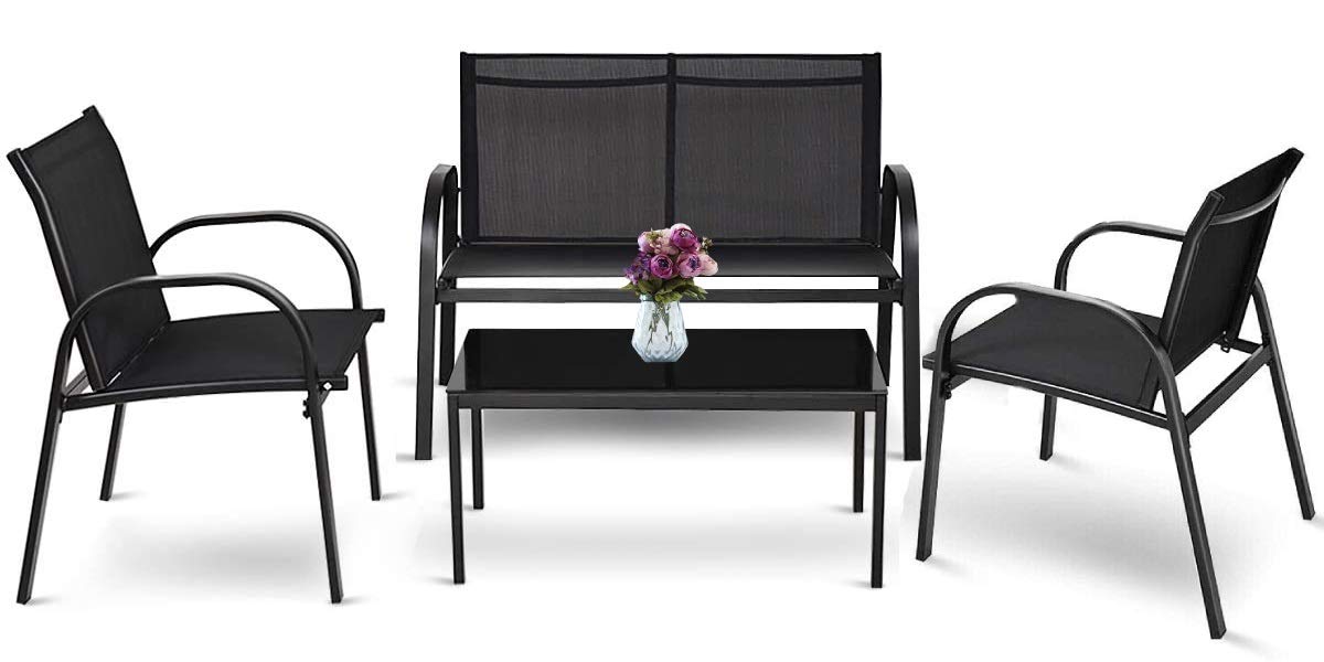 HAPPYGRILL 4-Piece Outdoor Patio Furniture Set - Garden Table & Chairs with Tempered Glass Coffee Table for Poolside, Lawn, Backyard & Patio Relaxation