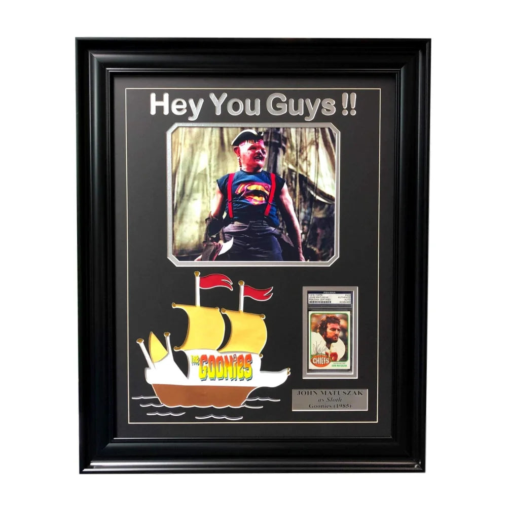 John Matuszak Goonies Sloth Signed Topps Card Framed Collage Autograph with PSA/DNA COA - Perfect for Chiefs & Raiders Fans, Movie Memorabilia Collectors, and Gift for Goonies Lovers