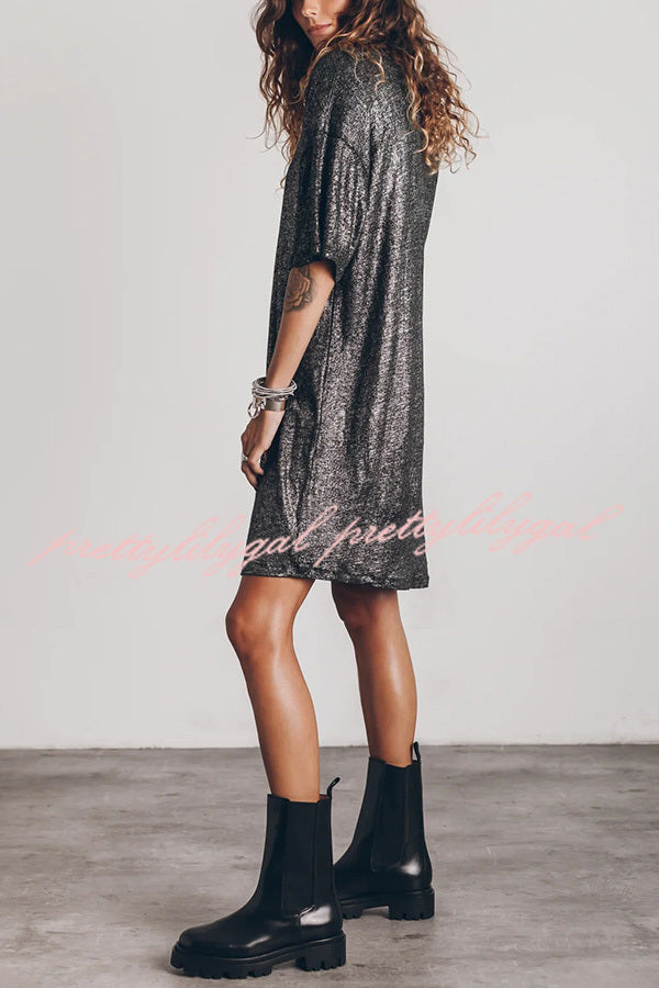 Dark Sparkly Relaxed Slit T-Shirt Mini Dress for Women | Party, Club & Night Out Outfits