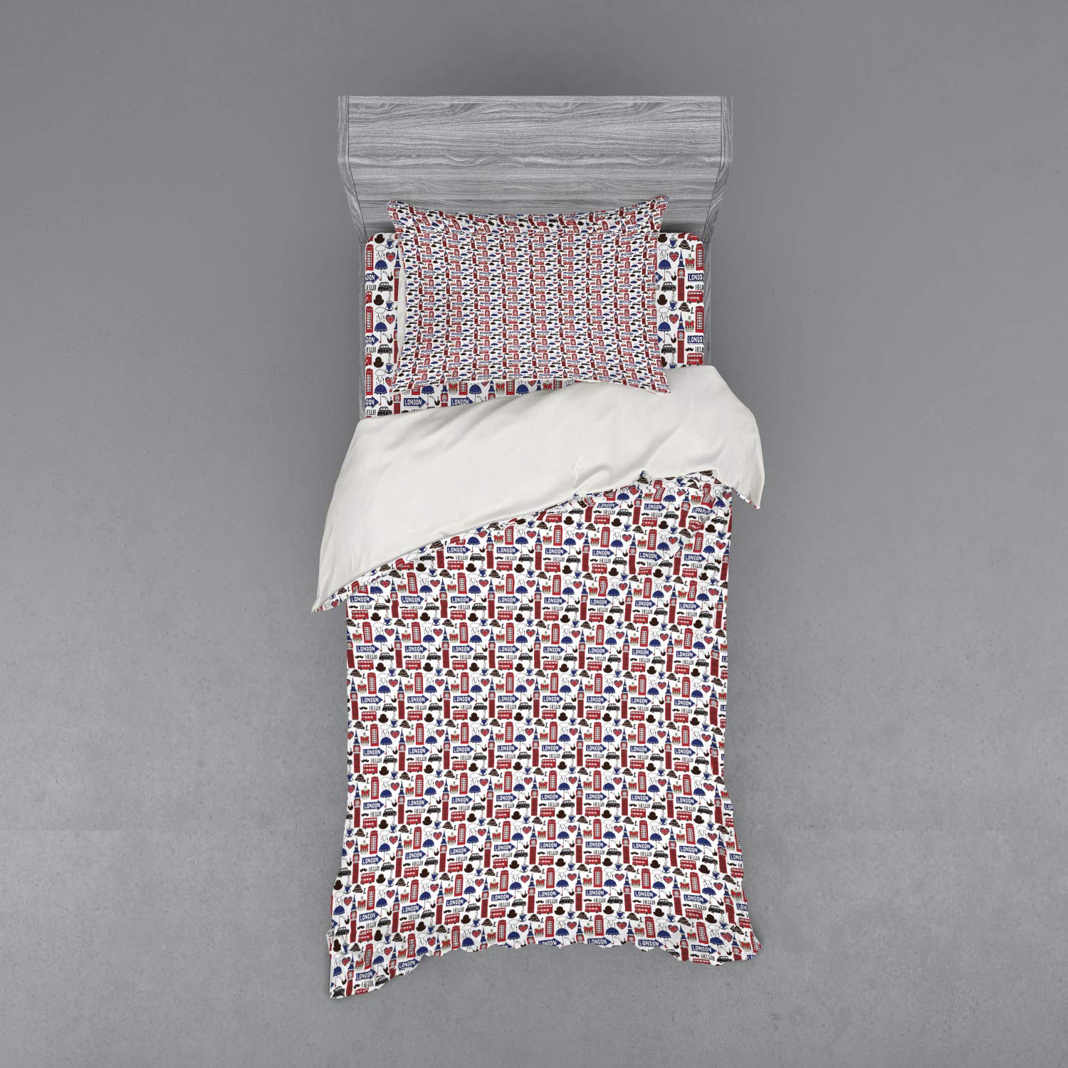 Ambesonne London Themed Bedding Set - 3 Piece Duvet Cover with Sham & Fitted Sheet, Twin XL Size, Multicolor British Landmarks Design - Perfect for UK Travel Enthusiasts & Themed Bedroom Decor