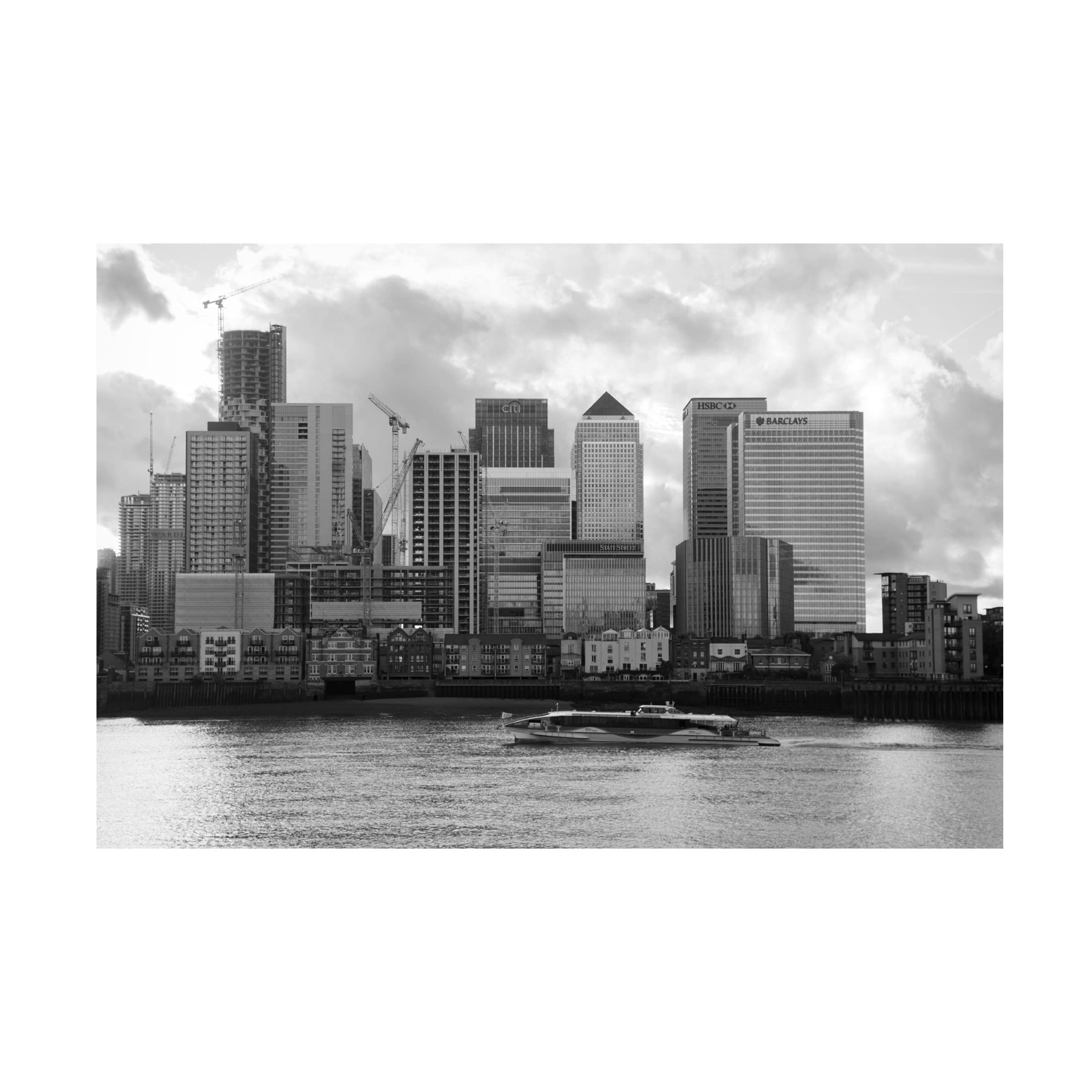 Claire Doherty 'Canary Wharf River View' Canvas Wall Art Print - Modern Office & Living Room Decor - Waterfront Cityscape Painting for Home & Business Interiors