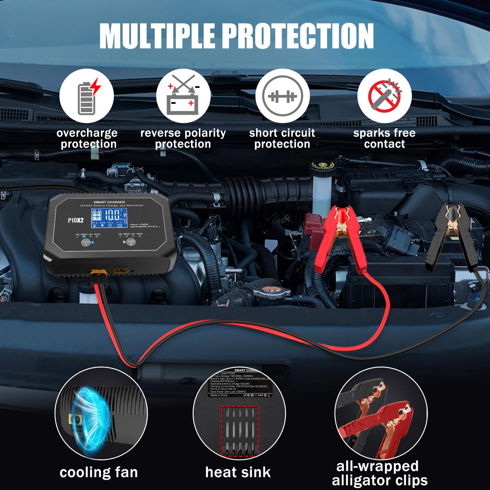 2-Bank 20A(10A/Bank) 12V/24V Smart Car Battery Charger & Maintainer - Automatic Charger for Lead-Acid, Lithium, LiFePO4 Batteries - Ideal for Cars, Motorcycles, Marine, Boats & RV Maintenance