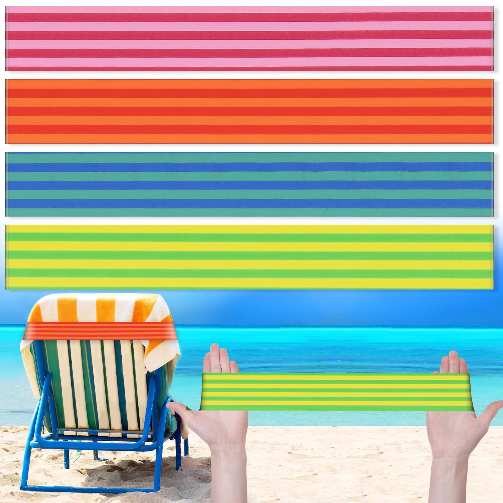 Boao 4-Pack Extra Large 15.75 x 1.97 Inch Windproof Elastic Towel Bands for Beach Chairs, Pool Loungers & Cruise Deck Chairs - Durable Strap Clips for Summer, Vacation & Hawaiian-Themed Accessories (Striped Pattern) - Perfect for Securing Towels at Resorts, Hotels and Backyard Pools