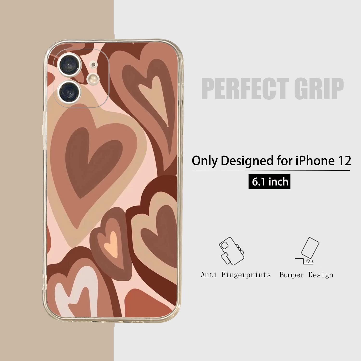 Brown Heart iPhone 12 Case - Cute Shockproof Protective Cover for Women & Girls | Aesthetic Phone Case for Everyday Use, Travel & Gifting