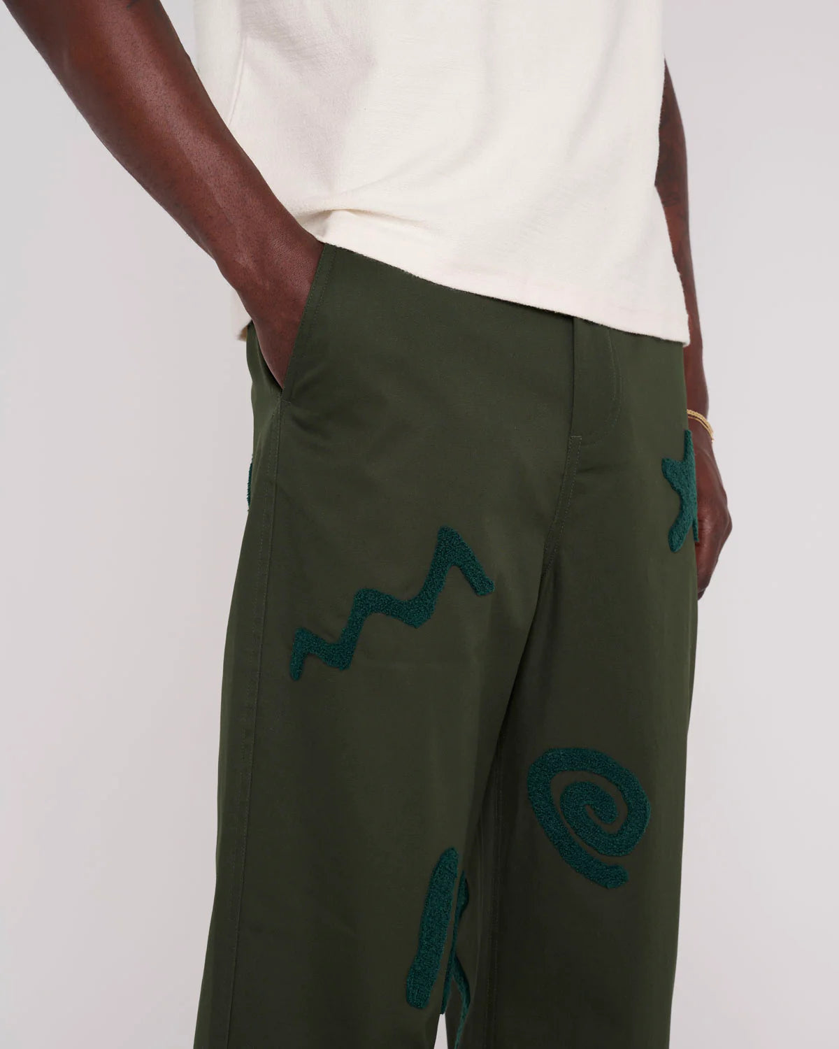 Chenille Symbols Four Pocket Pants - Deep Green | Comfortable & Stylish Casual Wear for Men & Women | Perfect for Outdoor Activities, Hiking & Everyday Use