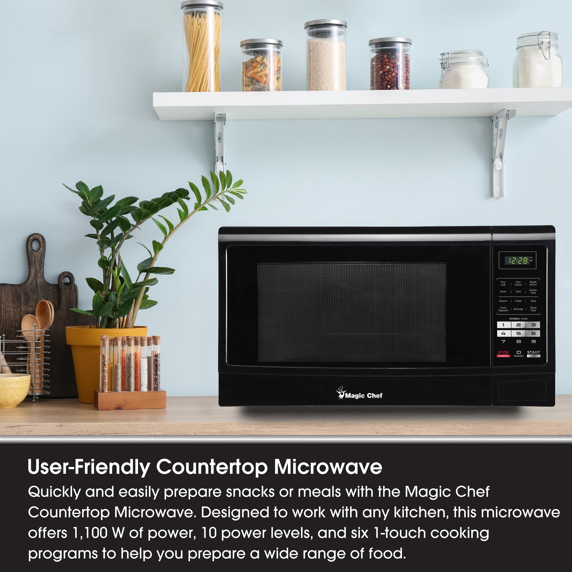 Magic Chef Countertop Microwave Oven - 1100W, 1.6 Cu Ft Compact Space-Saving Design, Black - Perfect for Small Kitchens, Dorms & Office Break Rooms
