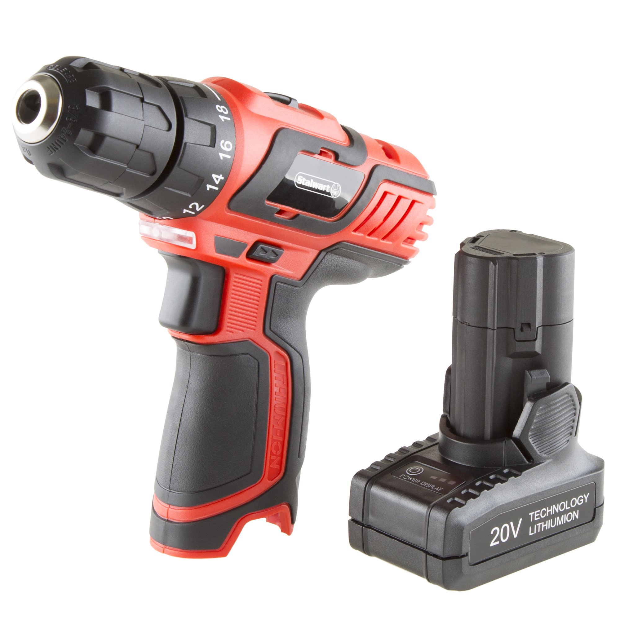 65-Piece Cordless Drill and Accessory Kit with Rechargeable Battery, Flashlight, Drill Bit Set & Sockets - Stalwart Power Tools (Red) - Perfect for DIY Home Improvement, Woodworking, and Professional Construction Projects
