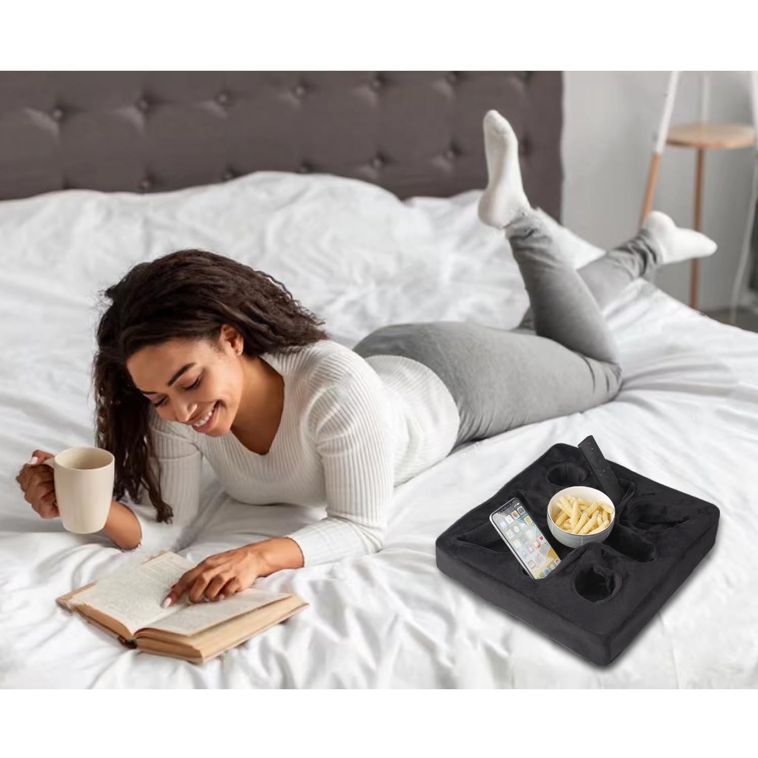 Multi-Functional Couch and Bed Cup Holder Pillow - Drink Tray with Snack & Remote Control Storage - Perfect for Movie Nights, Gaming, and Relaxing (Black)