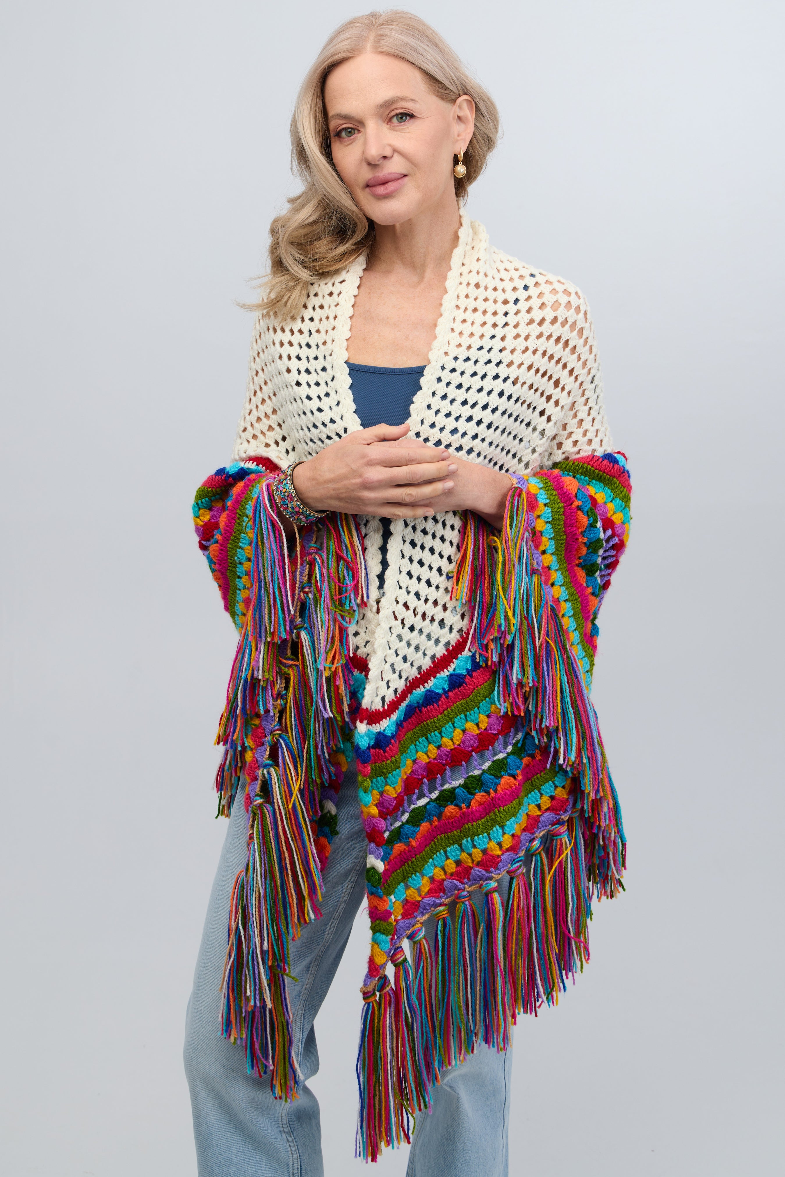 Rainbow Crochet Fringe Wrap Shawl - Colorful Boho Chic Handmade Knit Scarf for Women - Perfect for Music Festivals, Beach Cover-ups & Boho Fashion Accessories