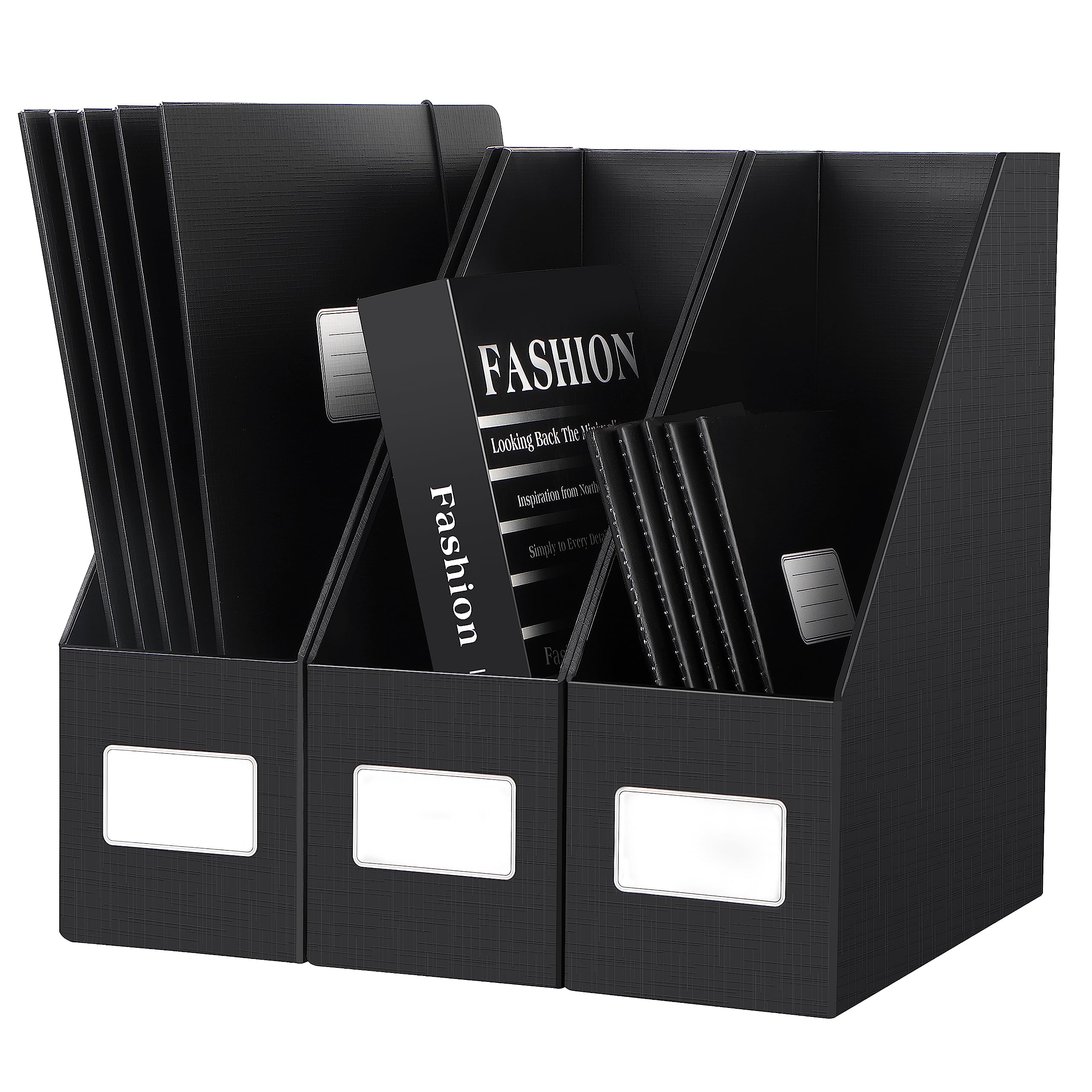 JiaWei Black Magazine File Holders - 3 Pack Sturdy Cardboard File Organizer for Office & Classroom | Desktop Storage Box, Folder Rack for Shelves & Desk | Perfect for Document Organization, School Supplies & Workspace Decluttering