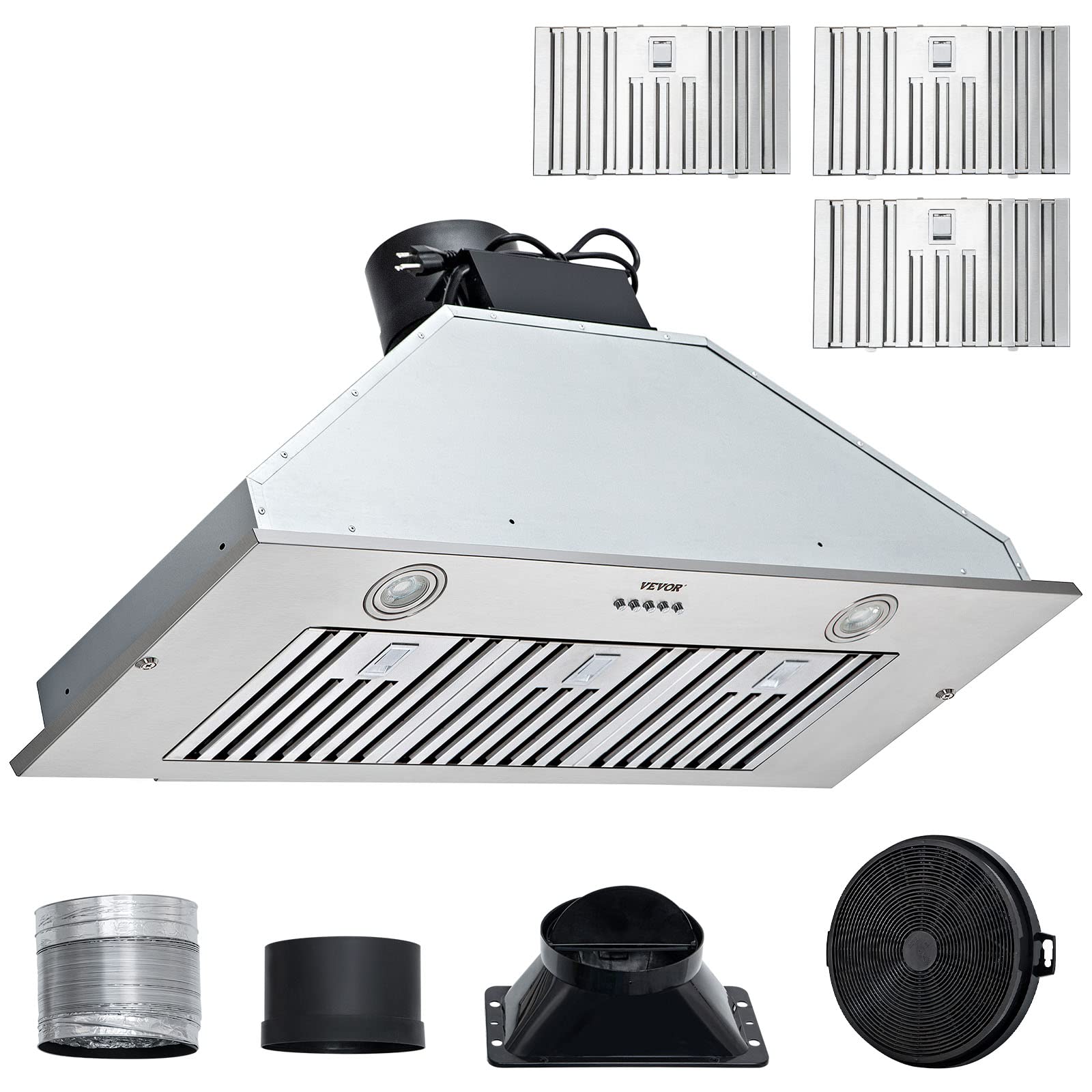VEVOR 36 Inch 800CFM 3-Speed Stainless Steel Insert Range Hood with LED Lights & Baffle Filters - Ducted/Ductless Convertible Kitchen Ventilation for Home & Restaurant Use - ETL Certified