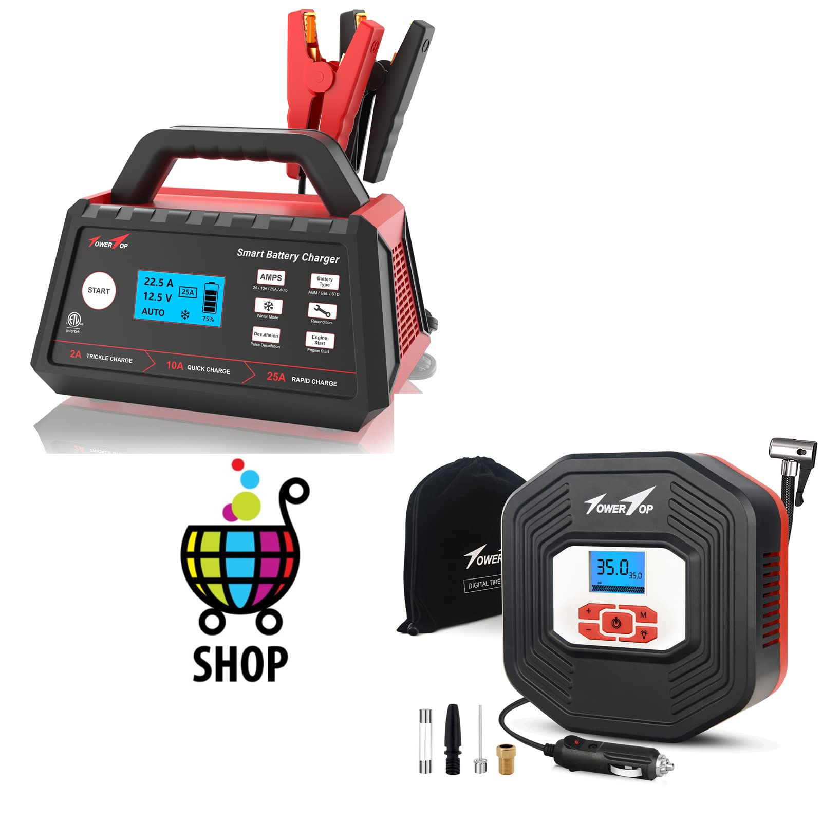 TowerTop Smart Battery Charger & Portable Air Pump - 12V/24V Auto Jump Starter, Tire Inflator for Cars, Trucks, SUVs - Perfect for Road Trips, Emergency Use & Outdoor Adventures