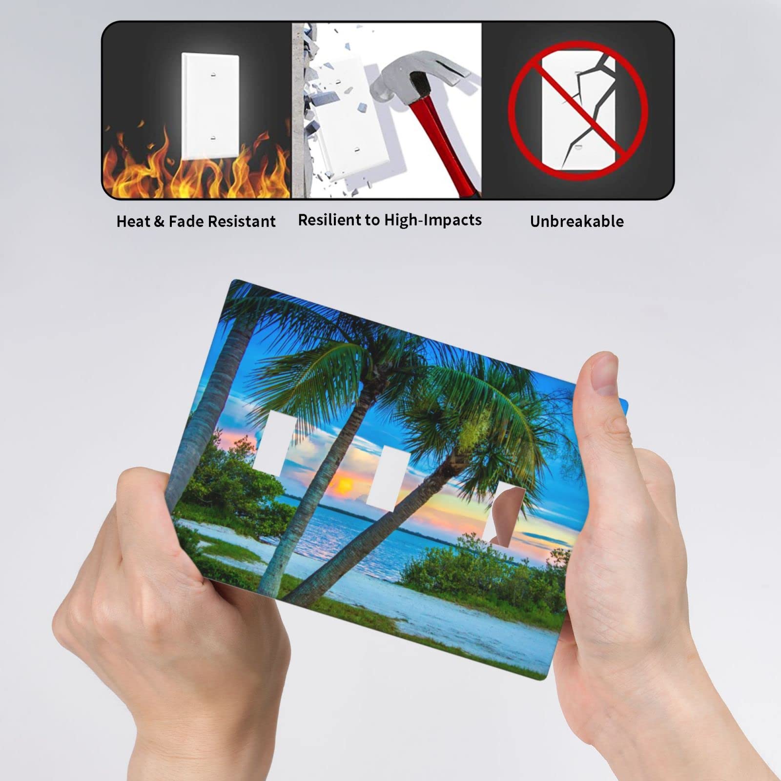 Decorative Beach Ocean Palm Tree Sunrise 3-Gang Toggle Light Switch Cover - Triple Wall Plate for Laundry, Living Room, Bathroom & Bedroom - Coastal Home Decor Accessory for Beach Houses & Tropical Themed Interiors