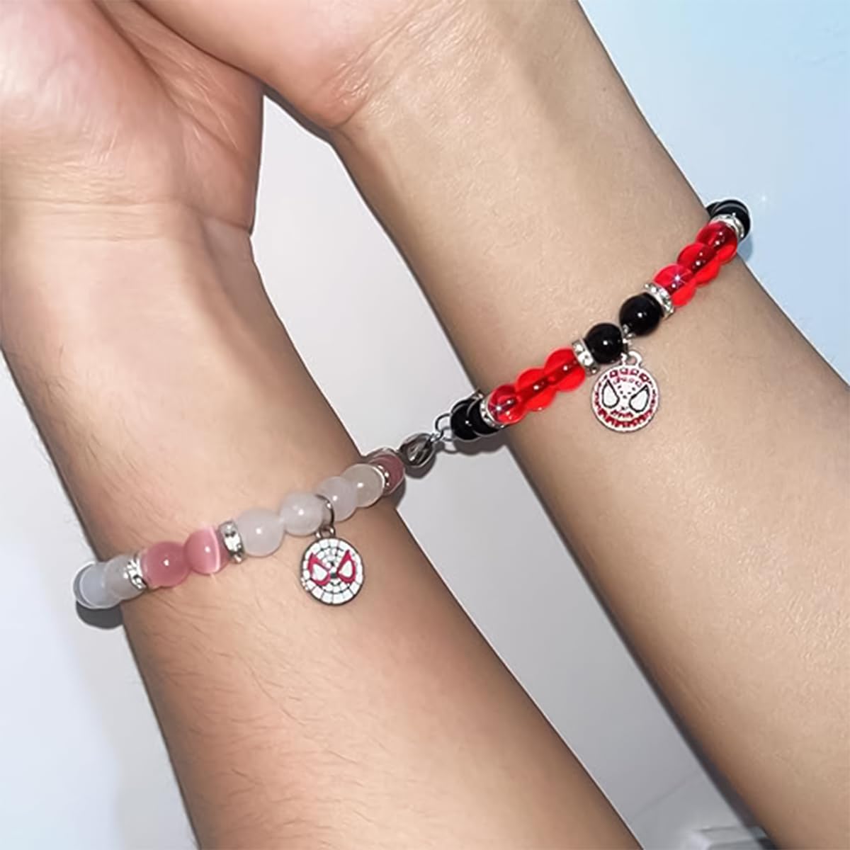 SANNIDHI® Matching Couple Bracelets Set - Spiderman Pendant Opal Beads & Hello Kitty Friendship Bracelet, Magnetic Heart BFF Bracelet for Women, Girls, Sisters - Best Gift for Anniversary, Birthday, Valentine's Day (Perfect for Couples, Best Friends and Family Gifts)