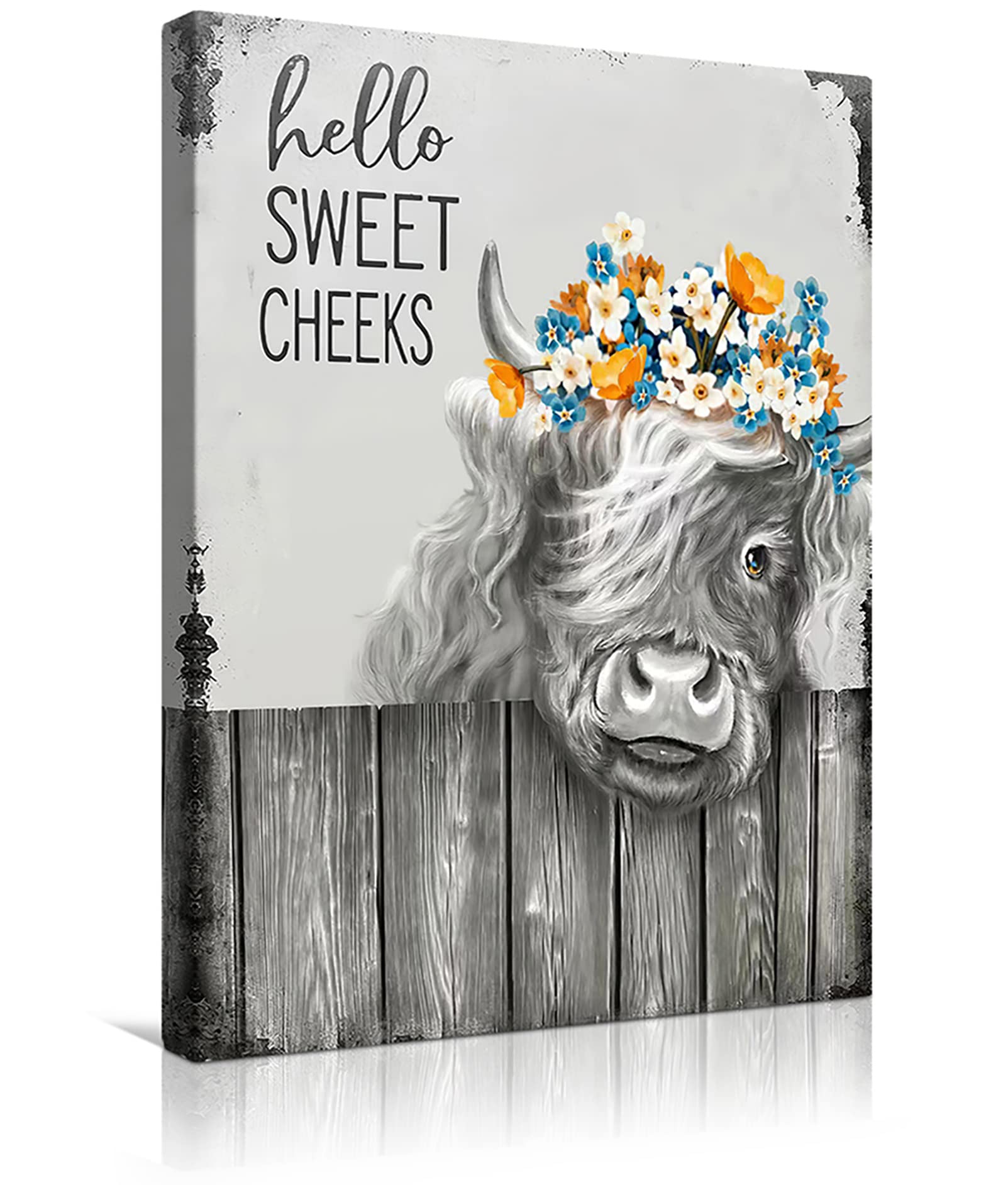 Highland Cow Wall Art - Black & White Farmhouse Bathroom Decor, Rustic Cow Painting Canvas Print 12x16 Inch, Vintage Framed Ready to Hang - Perfect for Bathroom, Living Room & Country Style Home Decor