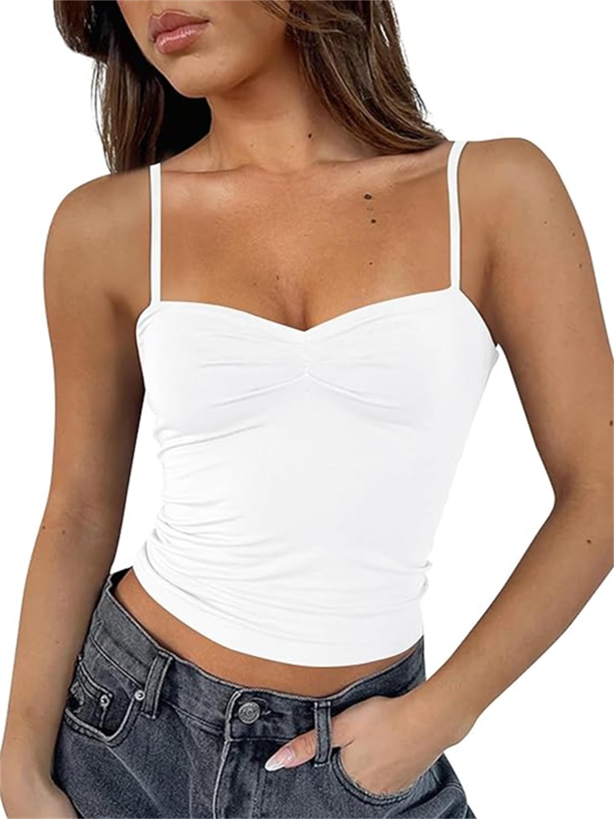 ForeFair Women's Y2K Sweetheart Neck Sleeveless Crop Tank Top - Backless Spaghetti Strap Pleated Bustier Camisole for Clubbing, Parties & Summer Outfits