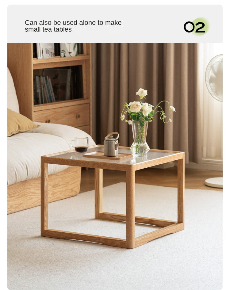 Solid Oak Wood Coffee Table with Glass Top and Rattan Shelf - Perfect for Living Room, Patio, or Outdoor Furniture Decor