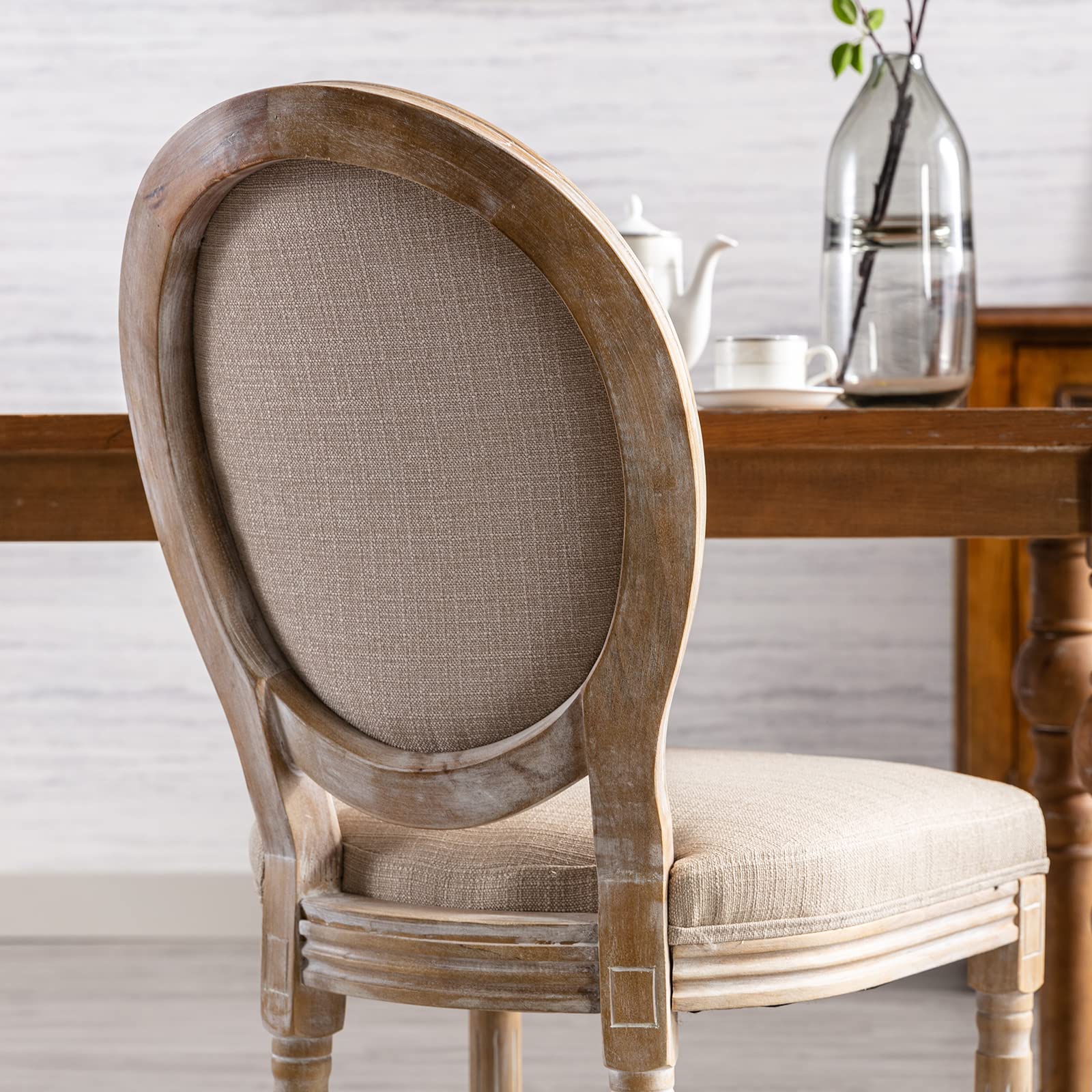 Guyou Upholstered 2-Piece Dining Chair Set in Distressed Driftwood - French Country Vintage Accent Chairs with Round Fabric Back - Perfect for Kitchen, Dining Room & Living Room (Beige)
