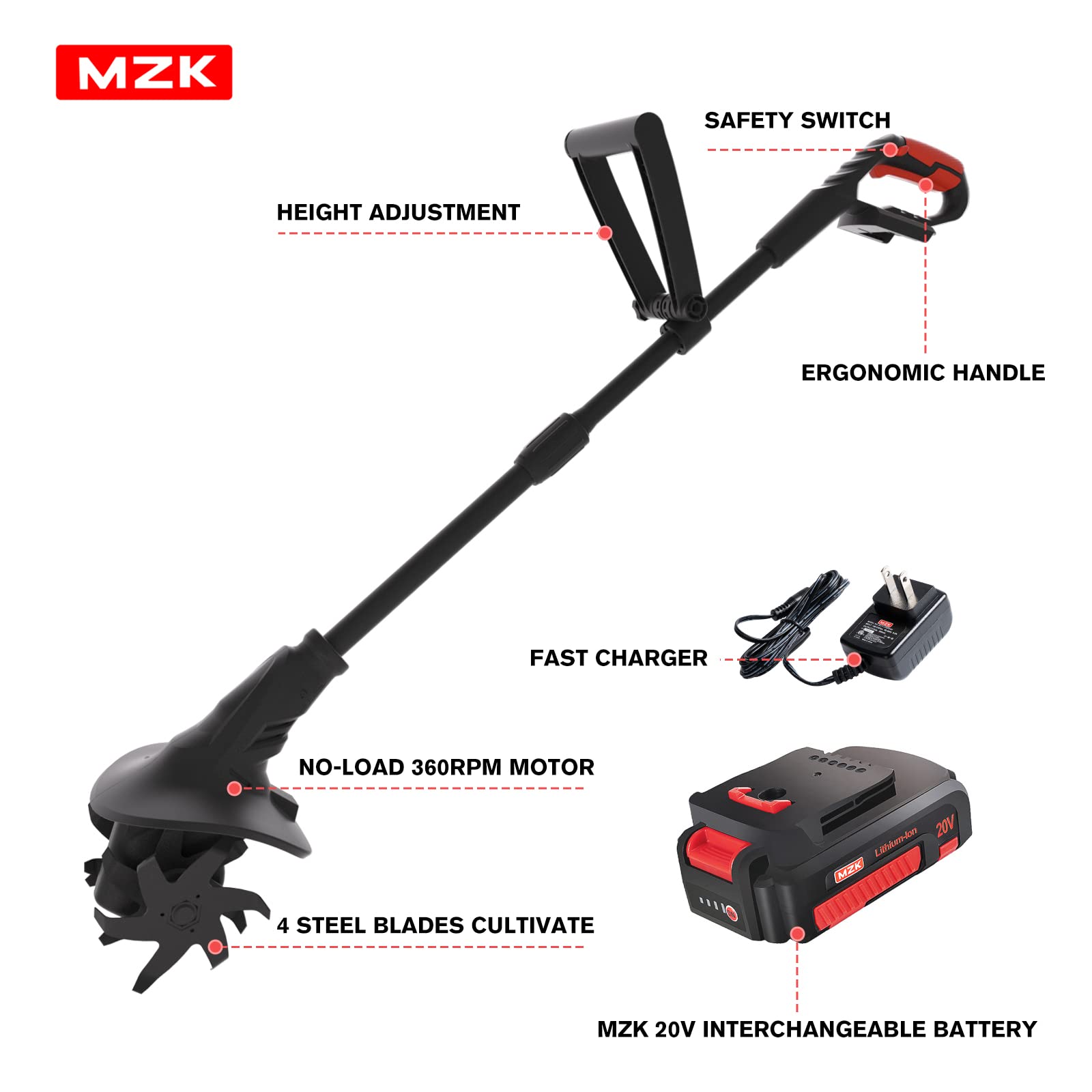 **MZK 20V Cordless Tiller Cultivator with 24 Steel Tines, 7.8-inch Wide Battery Powered Garden Cultivator - Mini Tiller for Gardening, Weeding, and Soil Aeration (Includes 2AH Battery & Charger) - Perfect for Small Gardens, Flower Beds, and Raised Planters**