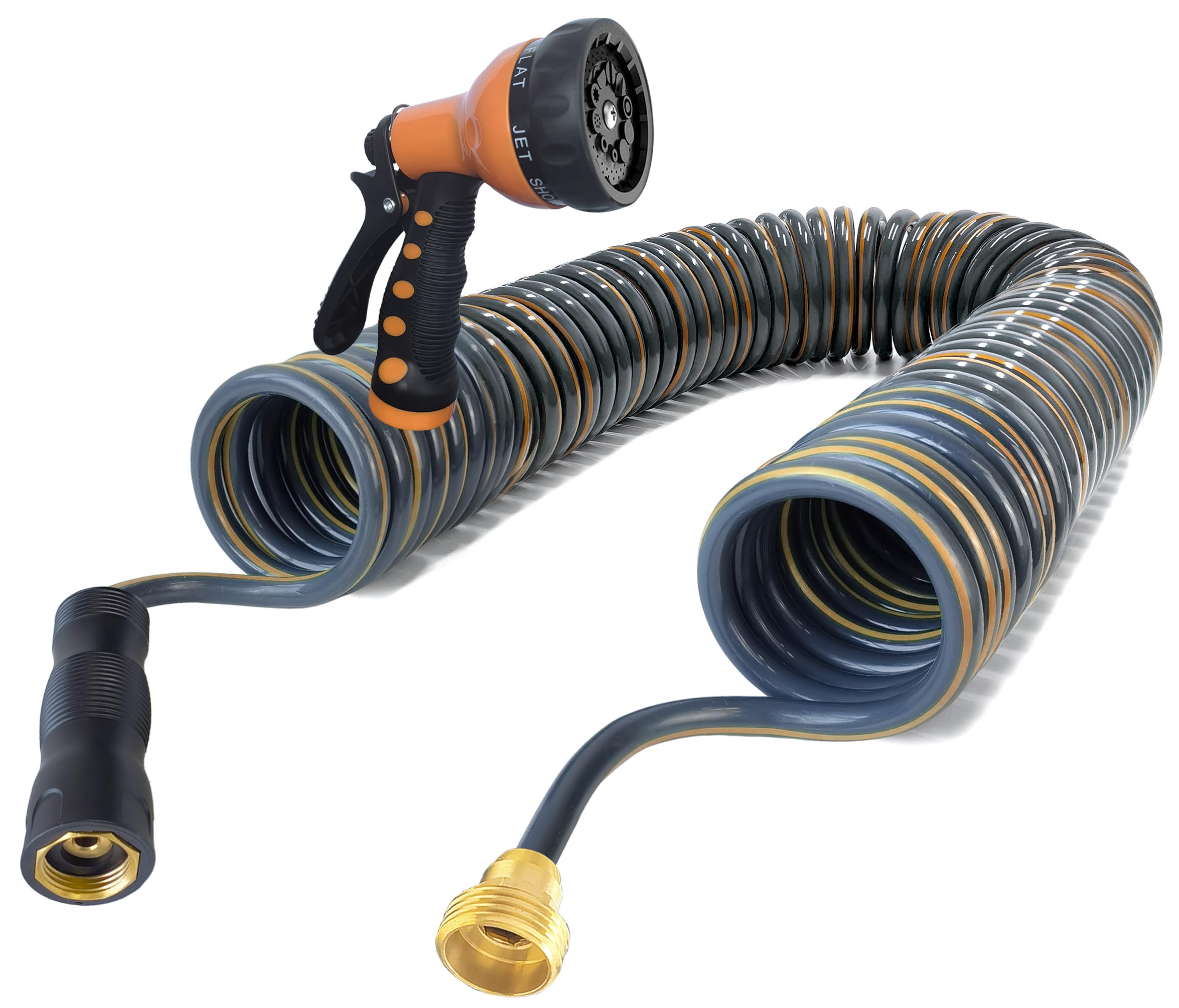 3/8'' Retractable EVA Coil Garden Hose 50FT - Lightweight Expandable Water Hose with Spray Nozzle - Flexible Spiral Hose for RV, Boat, Yard, House Cleaning - Durable Gray & Orange Design - Perfect for Gardening, Car Washing and Outdoor Watering