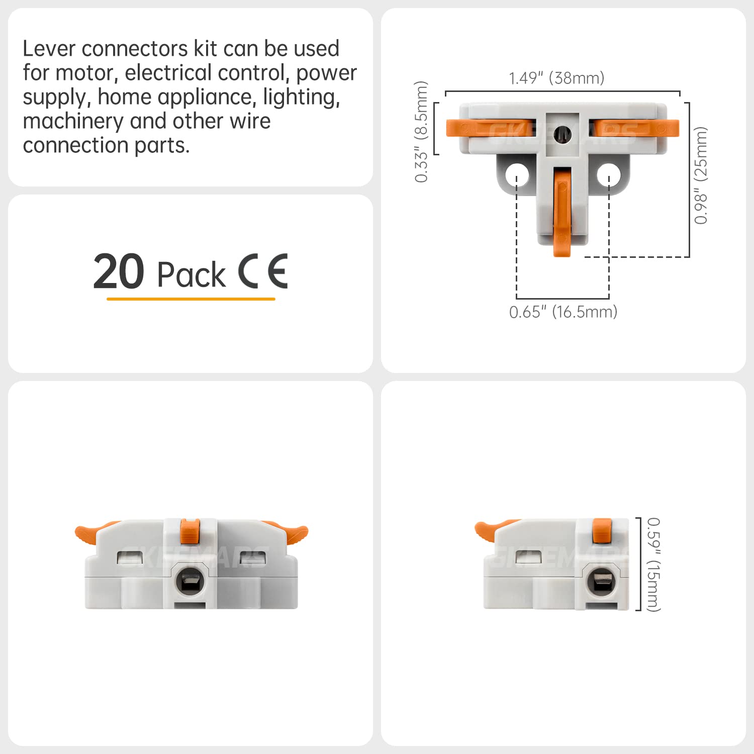 GKEEMARS 20Pcs 3 Way T Tap Wire Connectors - Quick Splice Push-in Electrical Connectors for AWG 24-12 Gauge Wires (Orange) - Ideal for Automotive, Home Wiring & DIY Electrical Projects
