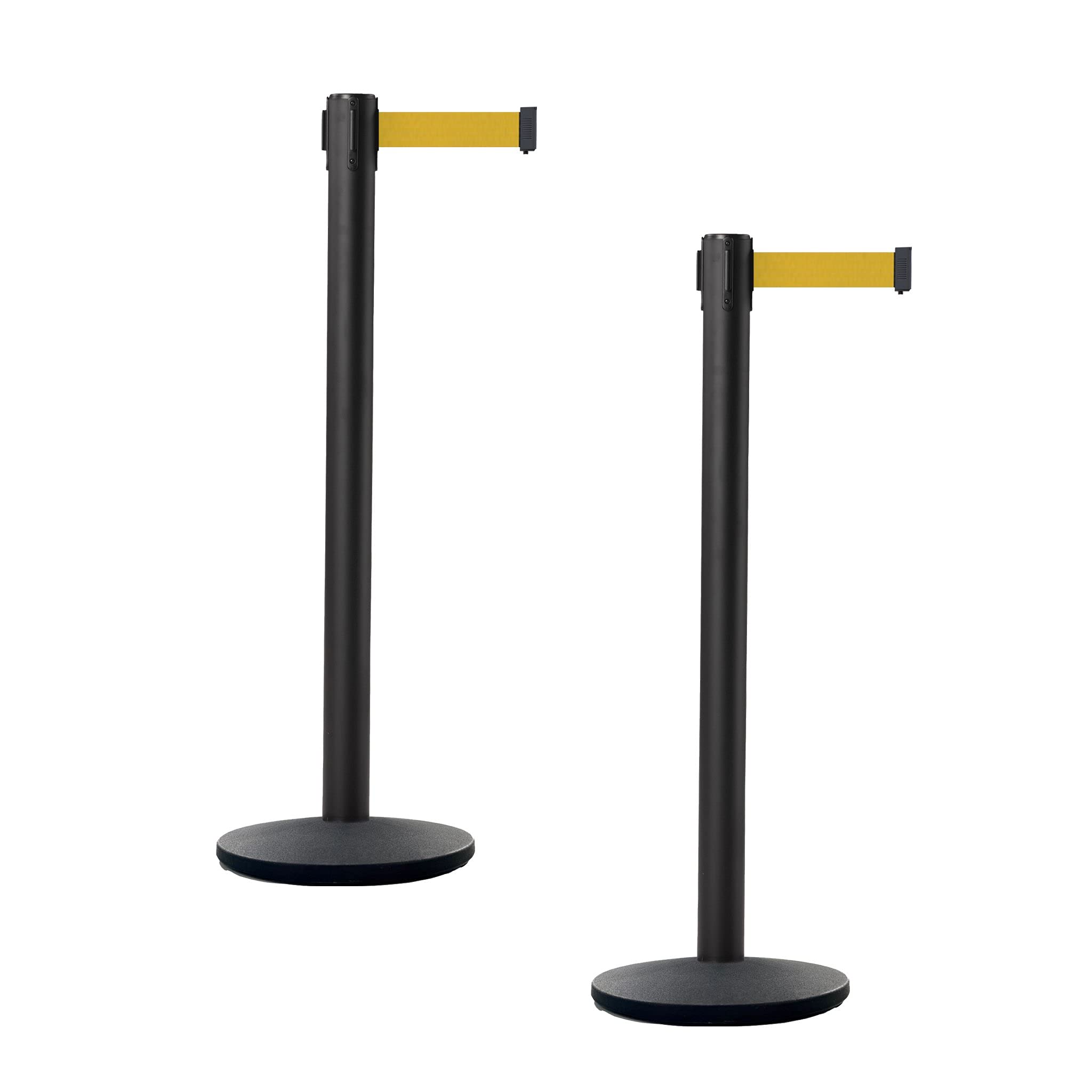 CCW Set of 2 Retractable Belt Barrier Stanchions with Cast Iron Base - Black Powder Coated Steel Posts (11ft Yellow Belt) - Perfect for Crowd Control at Events, Stores & Public Spaces