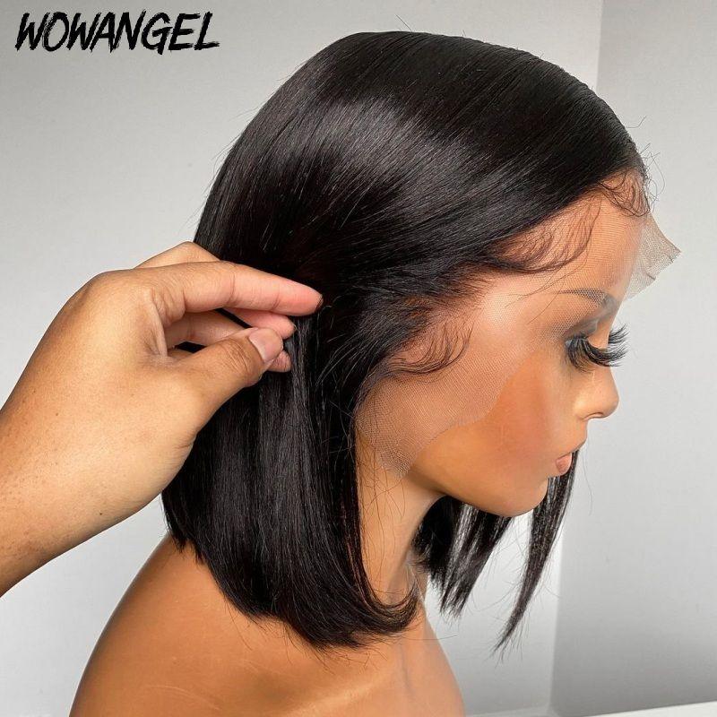 WOWANGEL 13x4 Transparent Lace Front Wig - Straight Bob Human Hair Wig 180% Density Natural Black for Women | Perfect for Daily Wear, Cosplay & Special Occasions