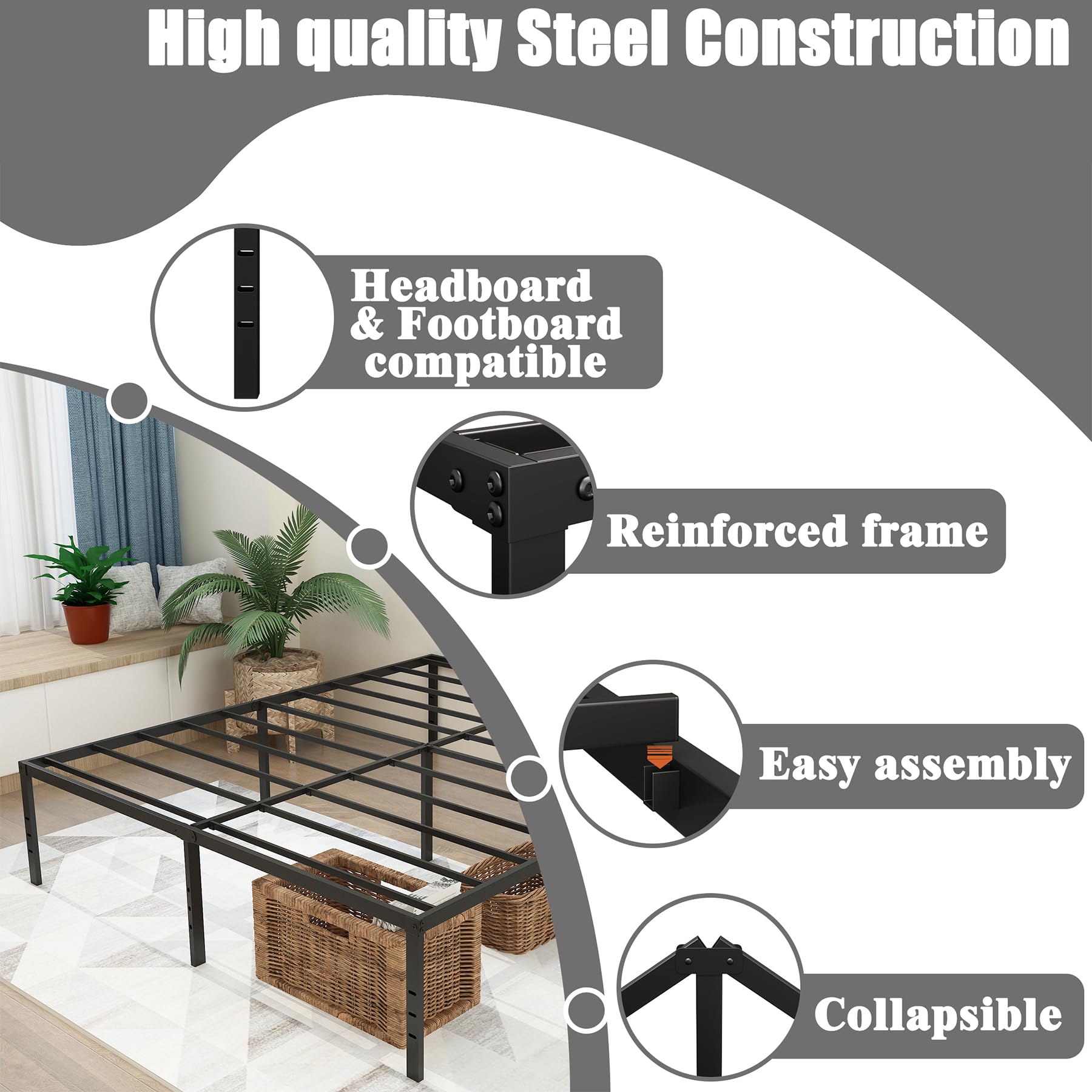 14 Inch Heavy Duty Queen Bed Frame - Sturdy Metal Platform with Steel Slat Support, No Box Spring Needed, Easy Assembly & Noise Free - Perfect for Master Bedrooms, Guest Rooms & Apartments