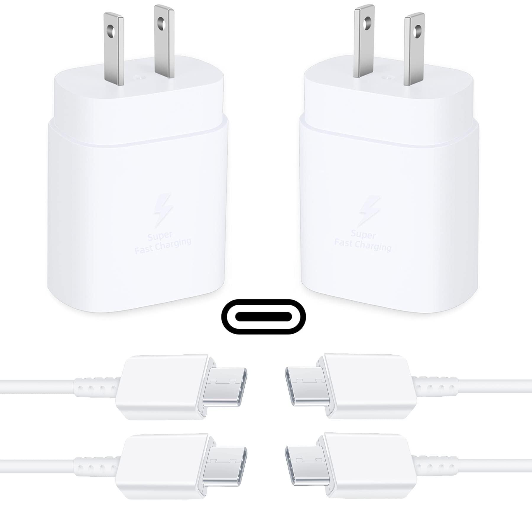 25W USB C Fast Charger 2-Pack with 5Ft Type C Cable - PD Wall Charger for Samsung S22/S21/Note 20/10/S10/S9/S8/A53 5G - Compatible with iPhone 15/14/13/12, iPad Pro, MacBook - Perfect for Home, Office & Travel Charging