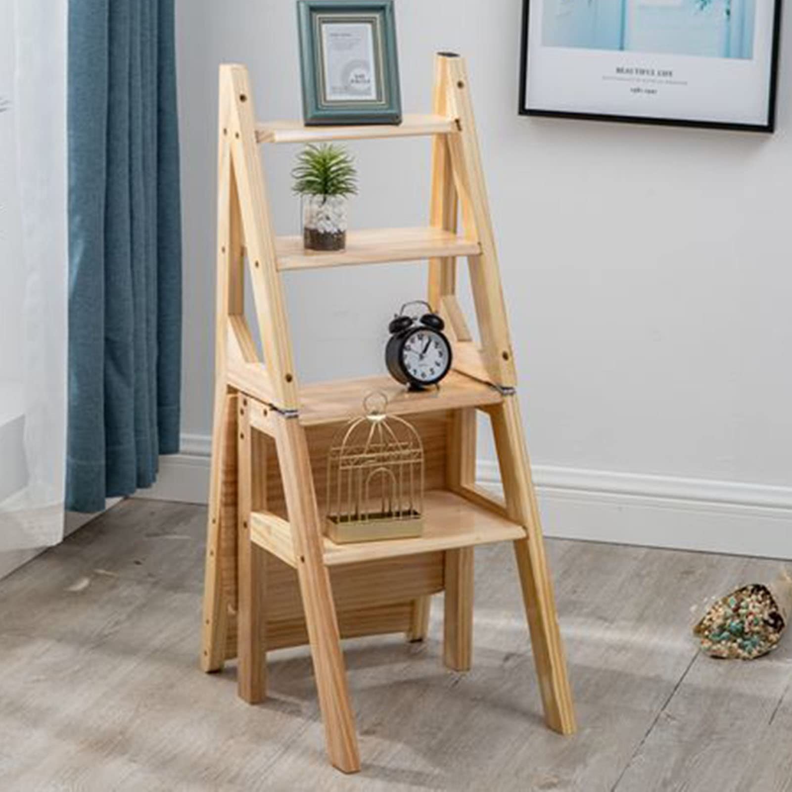 XHALERY 4-Step Folding Wooden Step Stool - Portable Kitchen Ladder Stool, Footrest, Home Step Chair, Scissor Ladder Bench for Easy Reach & Storage - Perfect for Kitchen, Bathroom, Garage & Home Organization