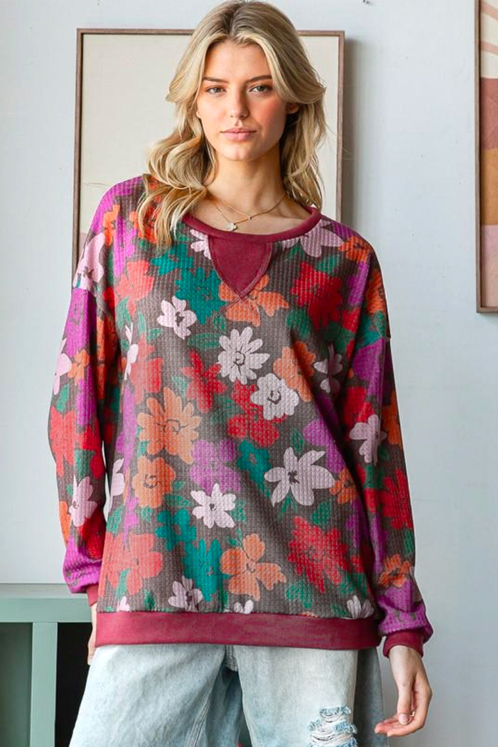 Adorable Brown & Multicolor Floral Waffle Terry Pullover Sweatshirt - Cozy Reverse Stitch Design for Women's Casual Wear & Fall Layering