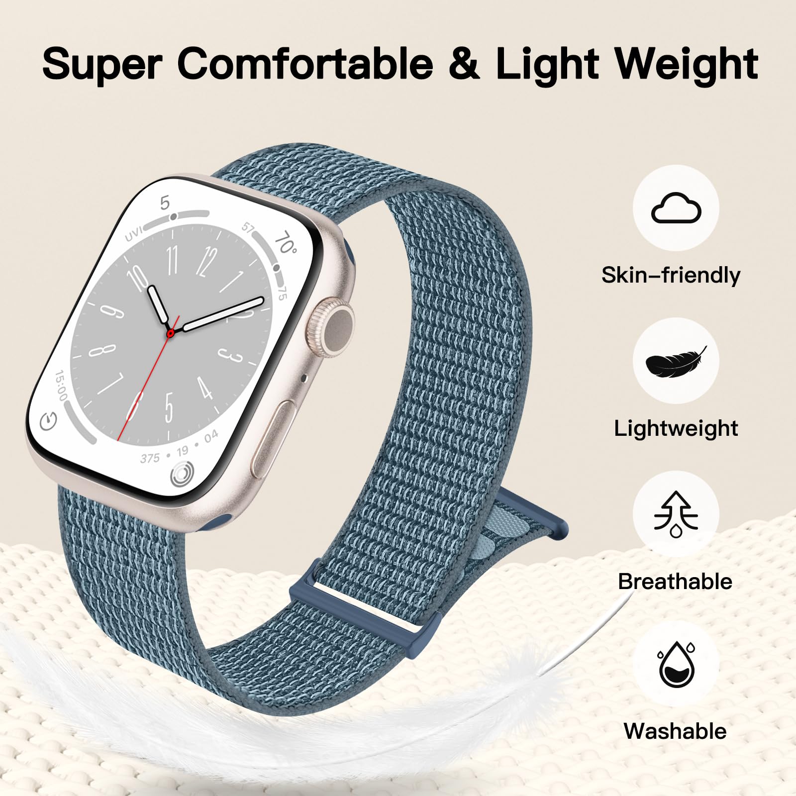 Yoohoo Soft Nylon Replacement Watch Band Compatible with Apple Watch 38mm 40mm 41mm 42mm (Series 10/9/8/7/6/5/4/3/2/1/SE) - Storm Gray - Durable & Comfortable Strap for Men & Women | Perfect for Workouts, Running, Swimming & Everyday Wear